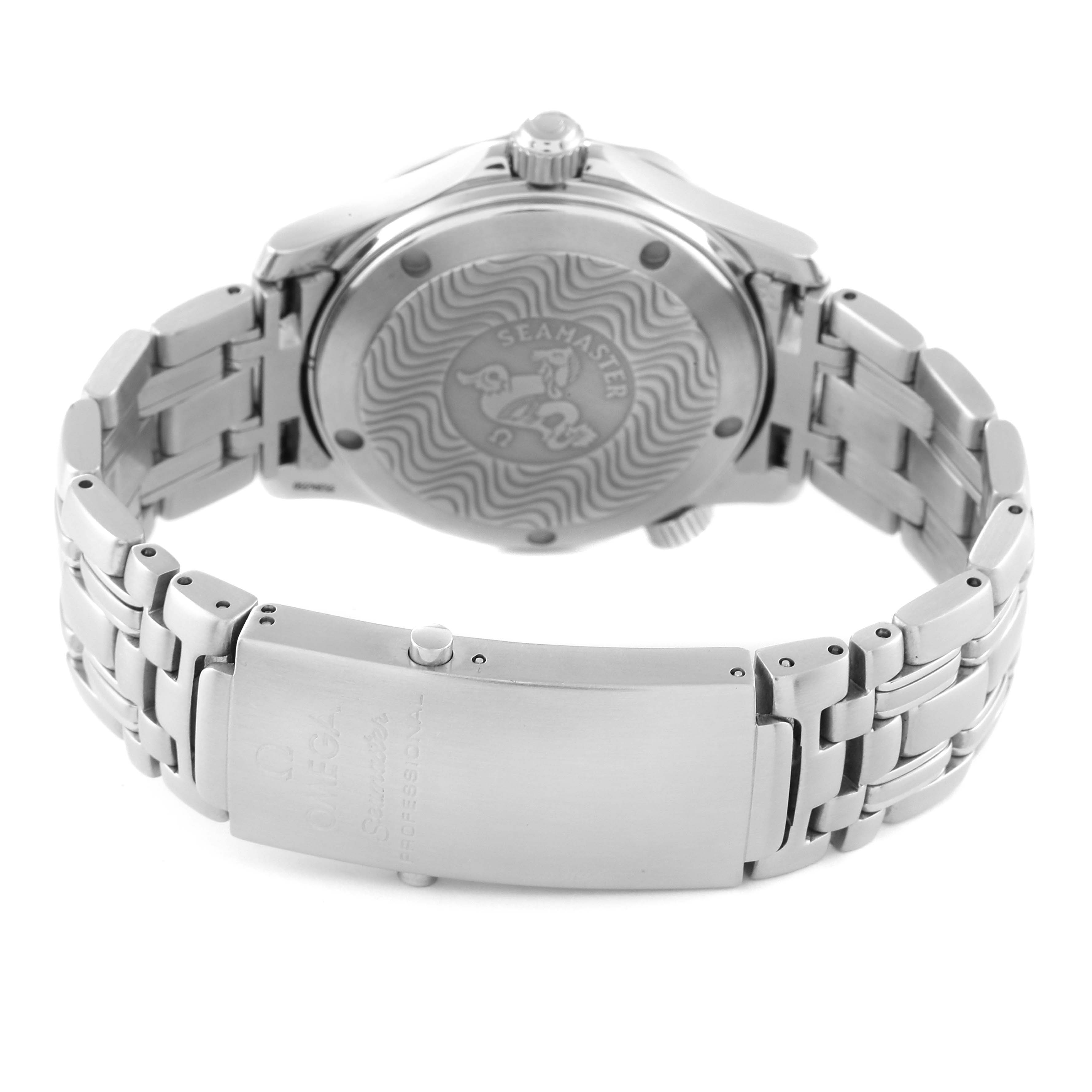 The image shows the back and clasp of an Omega Seamaster 2561.80.00 Men's Stainless Steel Blue Dial 2561.80.00 Men's Stainless Steel Blue Dial watch, featuring a detailed case back and metal bracelet.