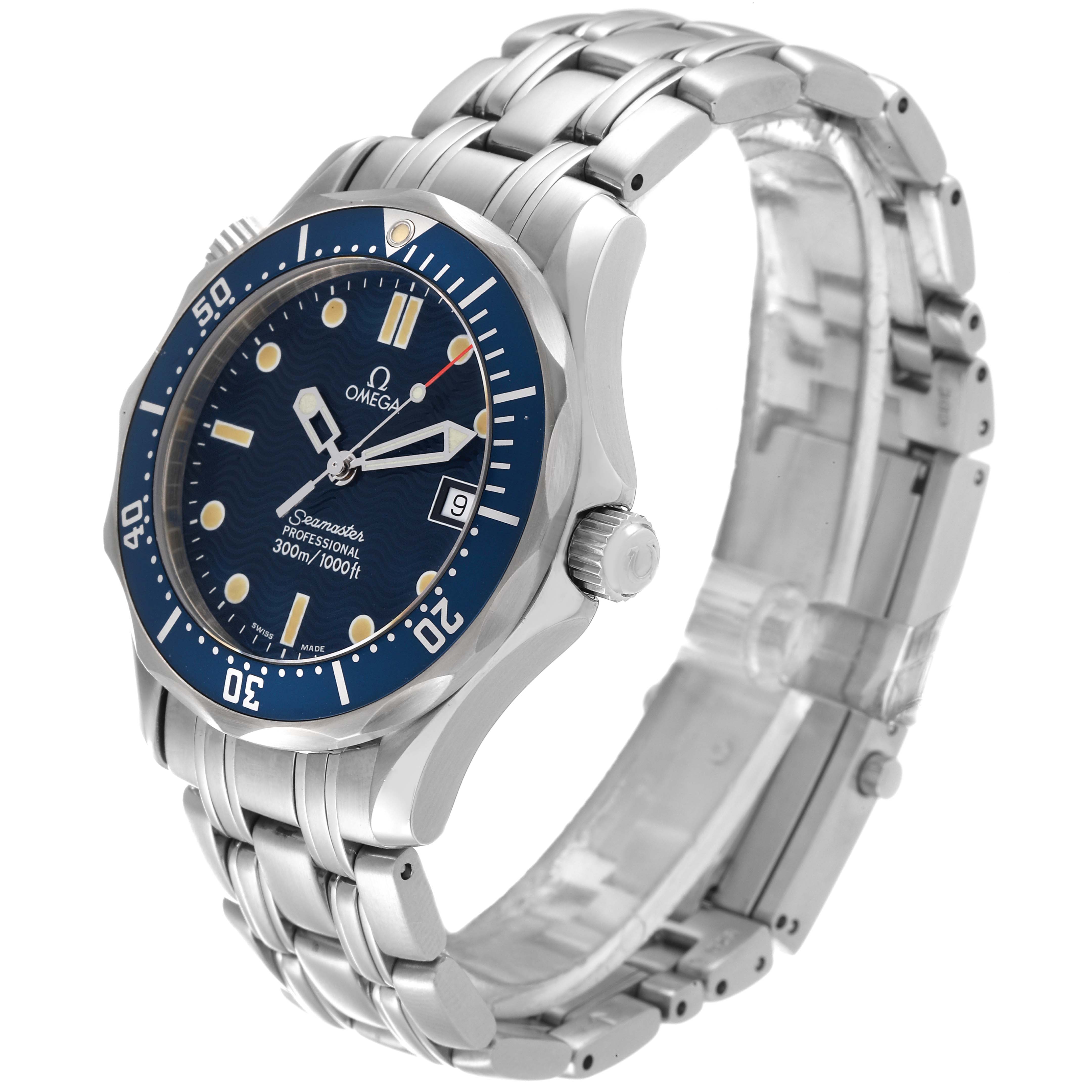The Omega Seamaster 2561.80.00 Men's Stainless Steel Blue Dial 2561.80.00 Men's Stainless Steel Blue Dial watch is shown at a tilted side angle, highlighting its blue dial, bezel, stainless steel bracelet, and crown.