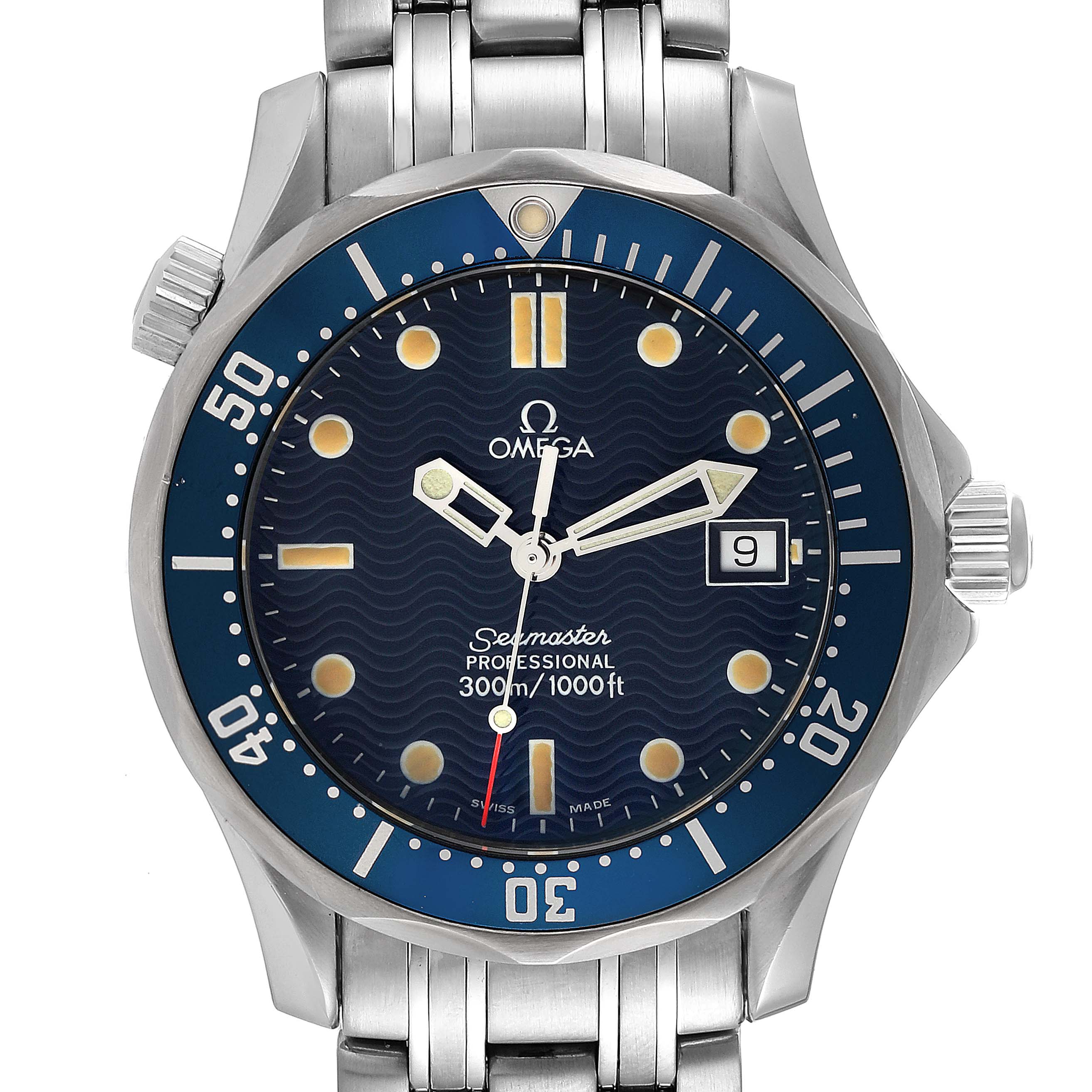 This image shows a front view of an Omega Seamaster 2561.80.00 Men's Stainless Steel Blue Dial 2561.80.00 Men's Stainless Steel Blue Dial watch, highlighting its dial, crown, bezel, and bracelet.