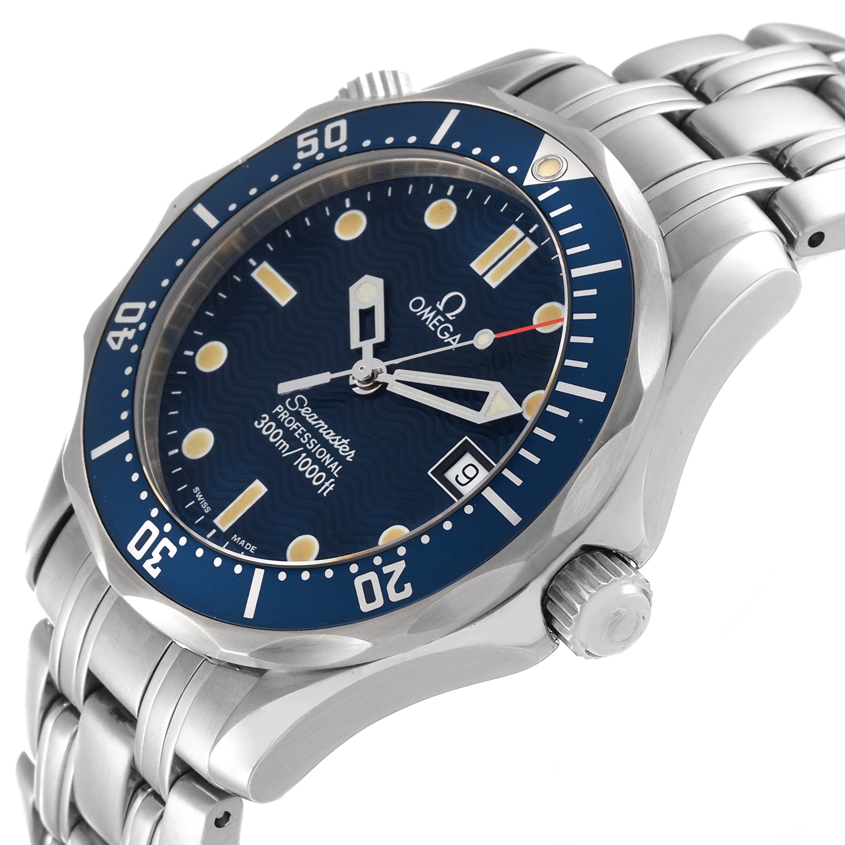 The Omega Seamaster 2561.80.00 Men's Stainless Steel Blue Dial 2561.80.00 Men's Stainless Steel Blue Dial watch is shown at a three-quarter angle, highlighting the dial, bezel, crown, and bracelet.