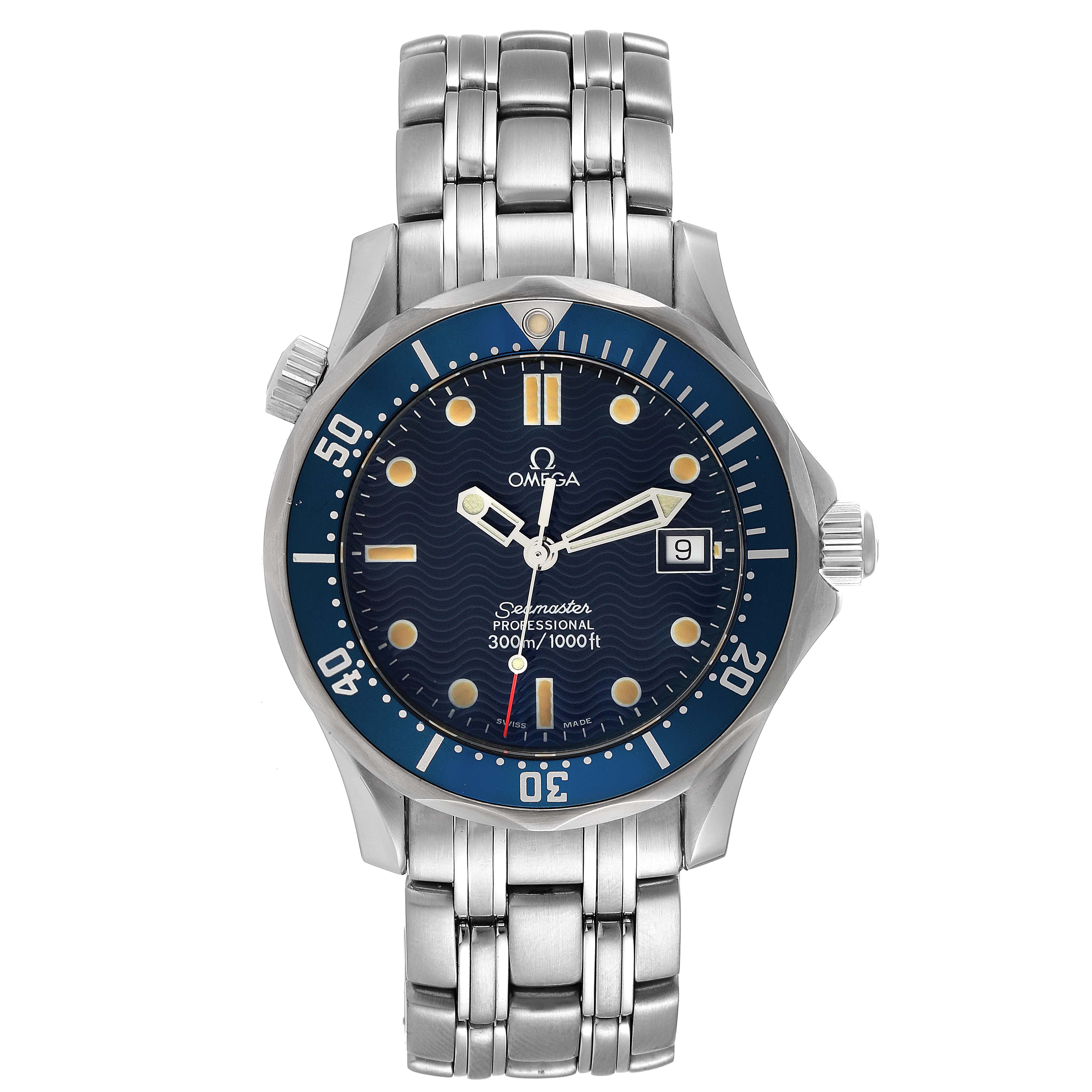 The Omega Seamaster 2561.80.00 Men's Stainless Steel Blue Dial 2561.80.00 Men's Stainless Steel Blue Dial watch is shown from a front angle, highlighting its face, bezel, and bracelet.
