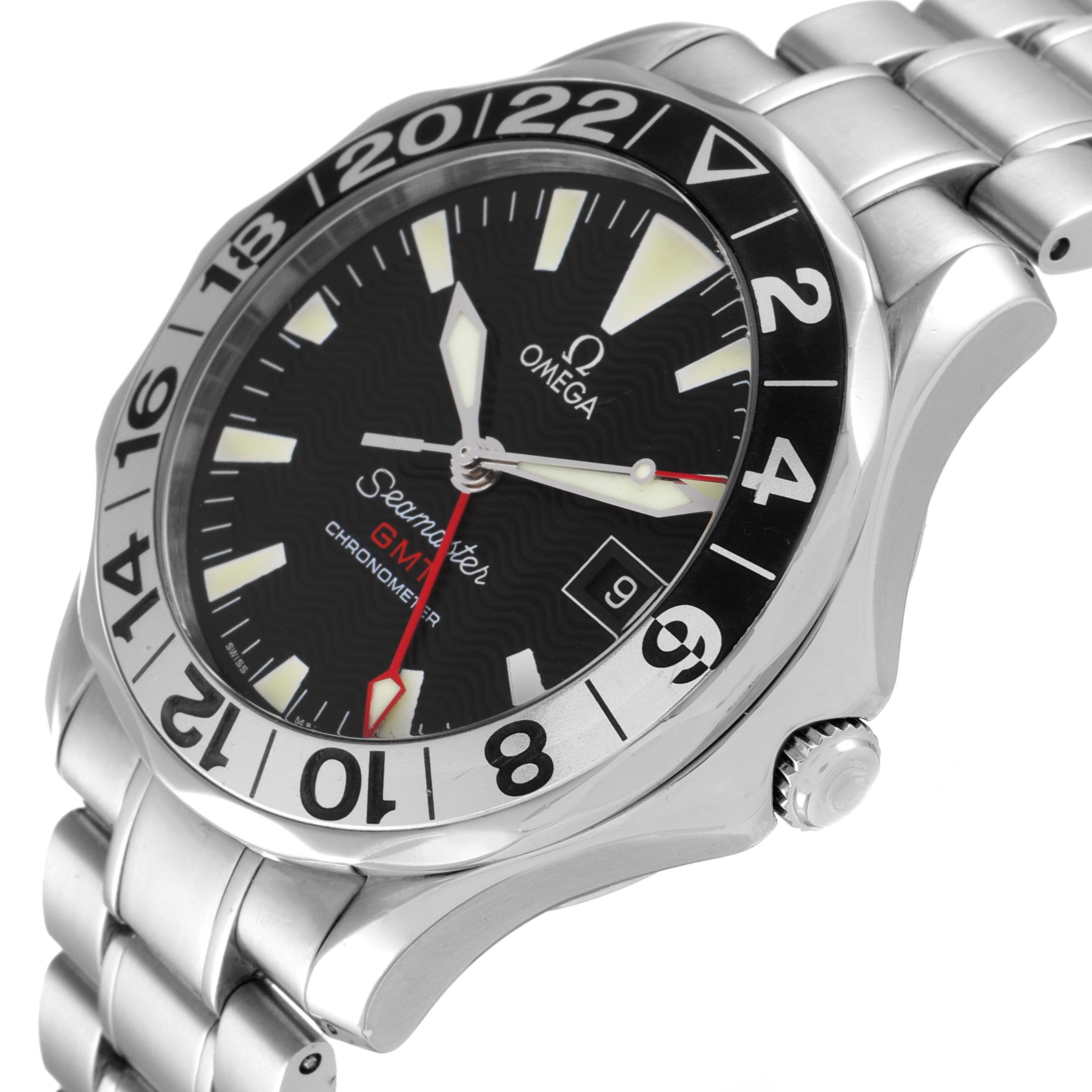 The image shows a side angle of an Omega Seamaster 2234.50.00 Men's Stainless Steel Black Dial 2234.50.00 Men's Stainless Steel Black Dial watch, highlighting the dial, bezel, crown, and part of the bracelet.
