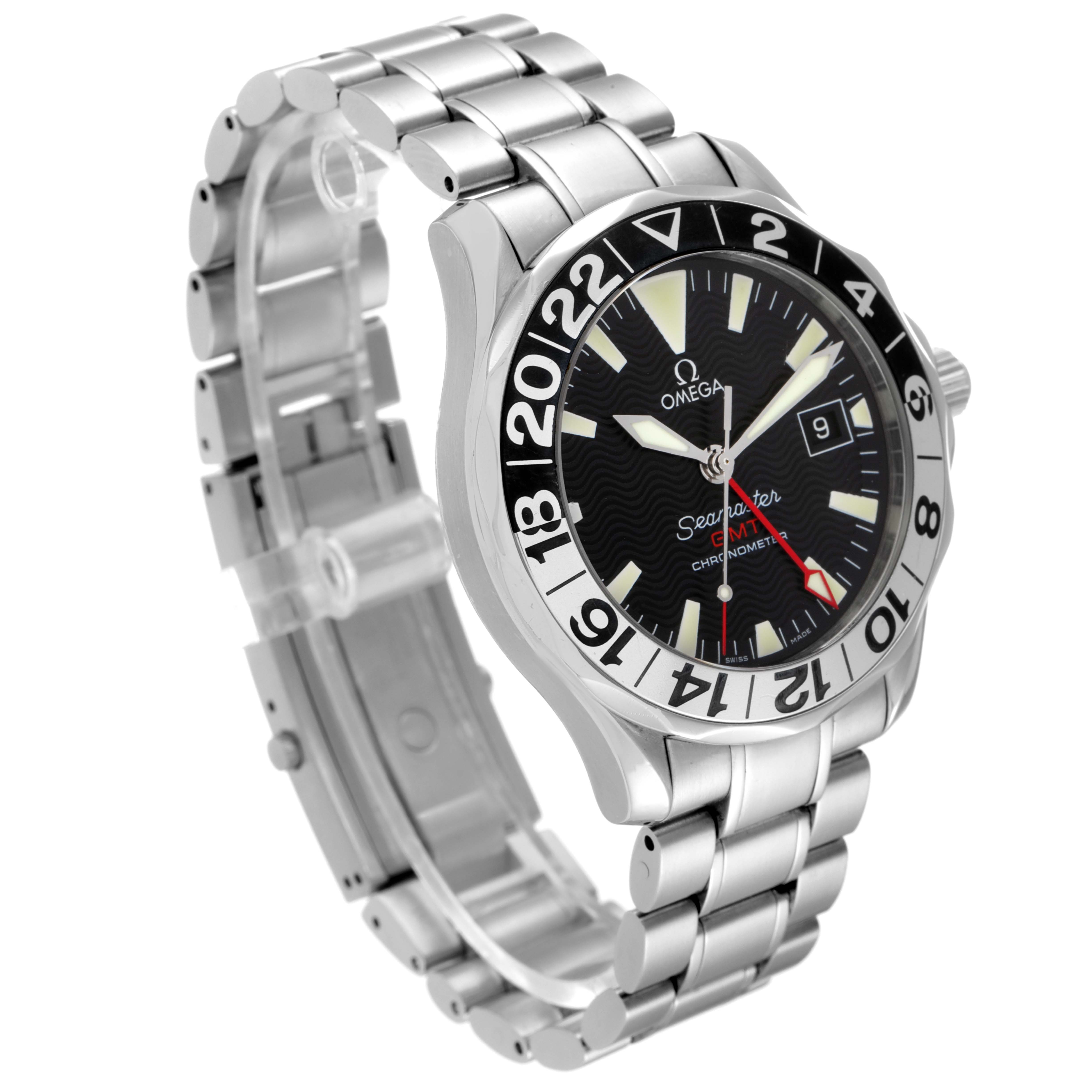 The Omega Seamaster 2234.50.00 Men's Stainless Steel Black Dial 2234.50.00 Men's Stainless Steel Black Dial watch is shown at a three-quarter angle, highlighting the dial, bezel, and stainless steel bracelet.