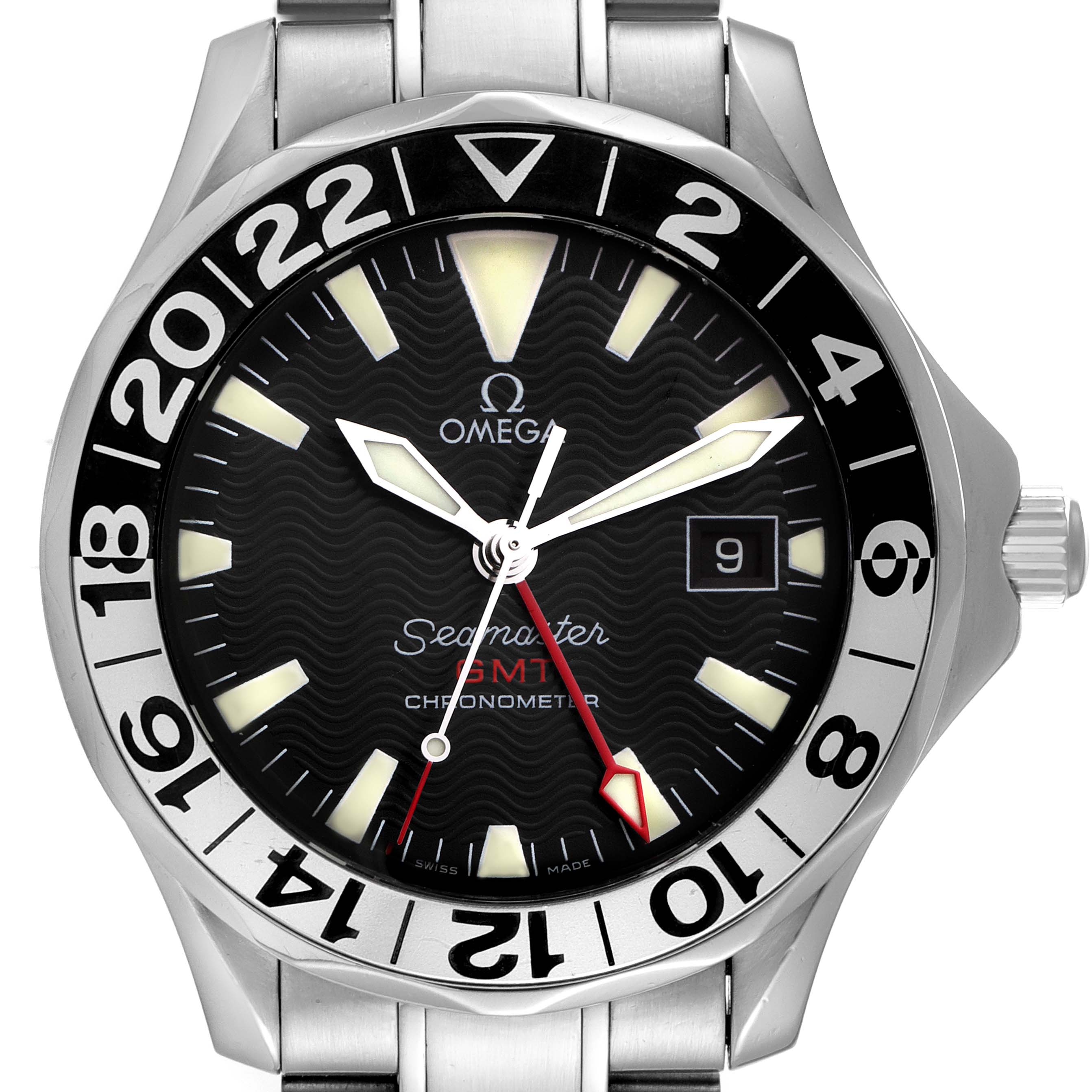 The Omega Seamaster 2234.50.00 Men's Stainless Steel Black Dial 2234.50.00 Men's Stainless Steel Black Dial GMT watch is shown from a top view, displaying its face, bezel, crown, and part of the bracelet.