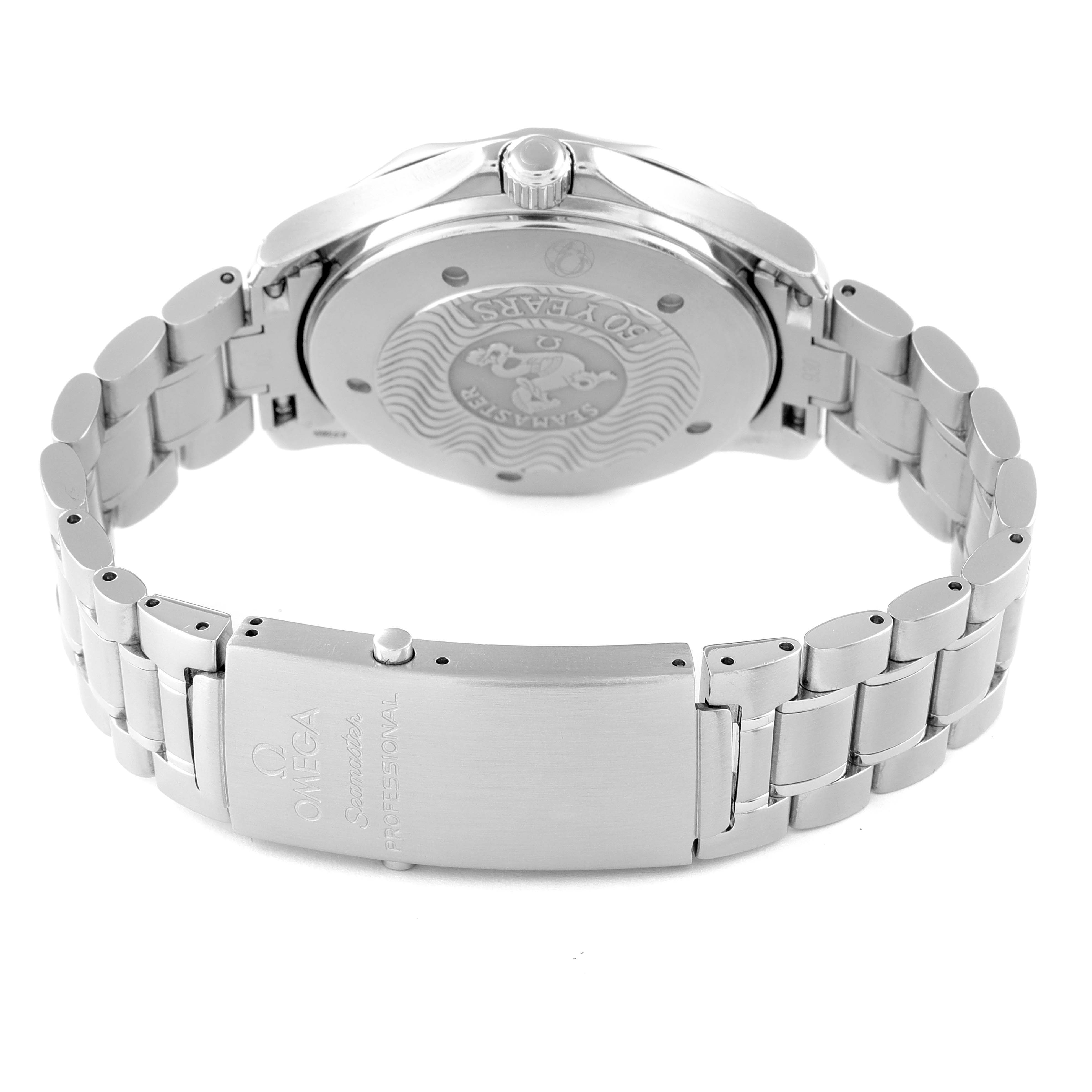 The image shows the back view of an Omega Seamaster 2234.50.00 Men's Stainless Steel Black Dial 2234.50.00 Men's Stainless Steel Black Dial watch, highlighting the case back and stainless steel bracelet with the clasp.