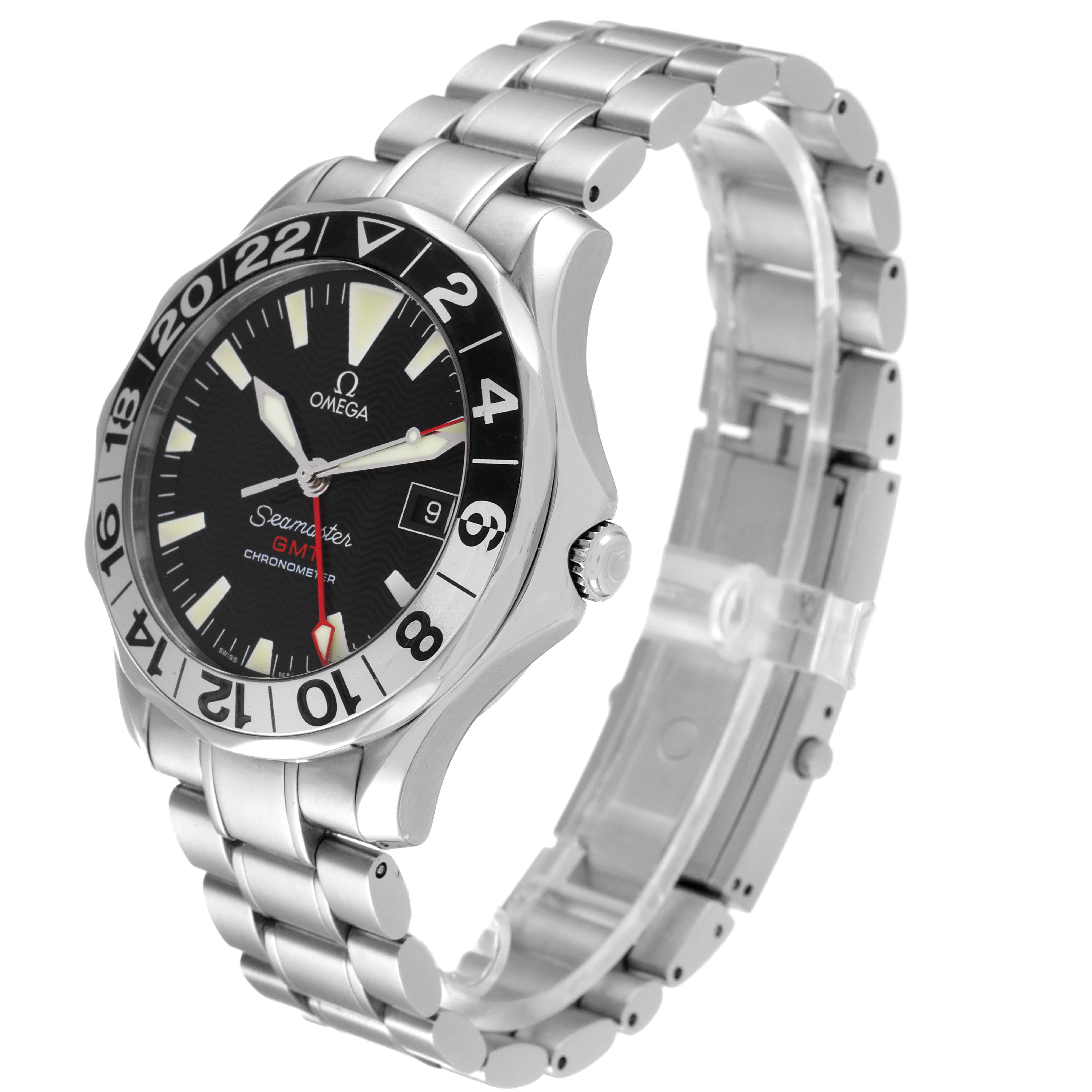 The Omega Seamaster 2234.50.00 Men's Stainless Steel Black Dial 2234.50.00 Men's Stainless Steel Black Dial watch is shown at a 3/4 angle showcasing the face, bezel, crown, and bracelet.