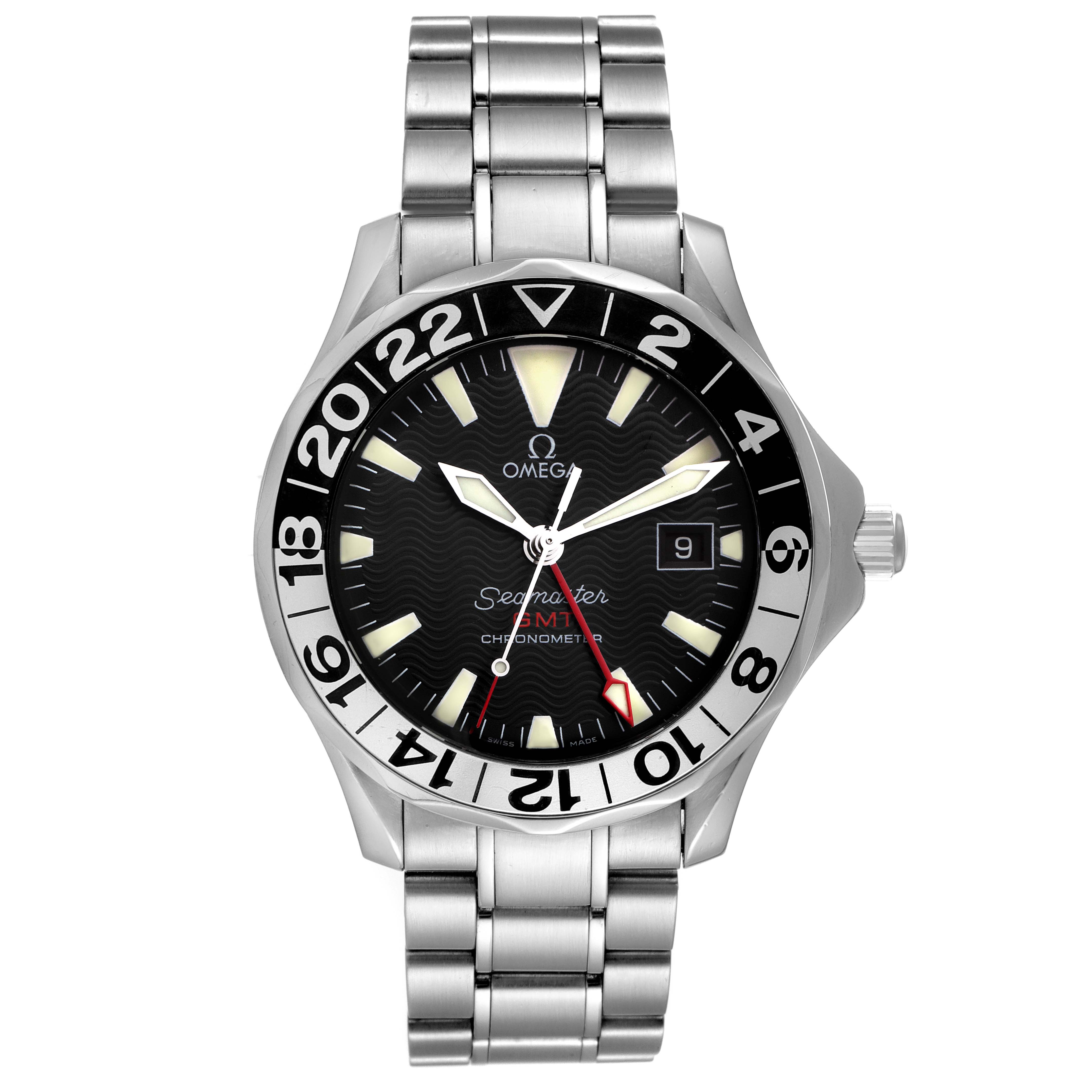 The Omega Seamaster 2234.50.00 Men's Stainless Steel Black Dial 2234.50.00 Men's Stainless Steel Black Dial watch is shown from a front angle, displaying the dial, bezel, bracelet, and crown.