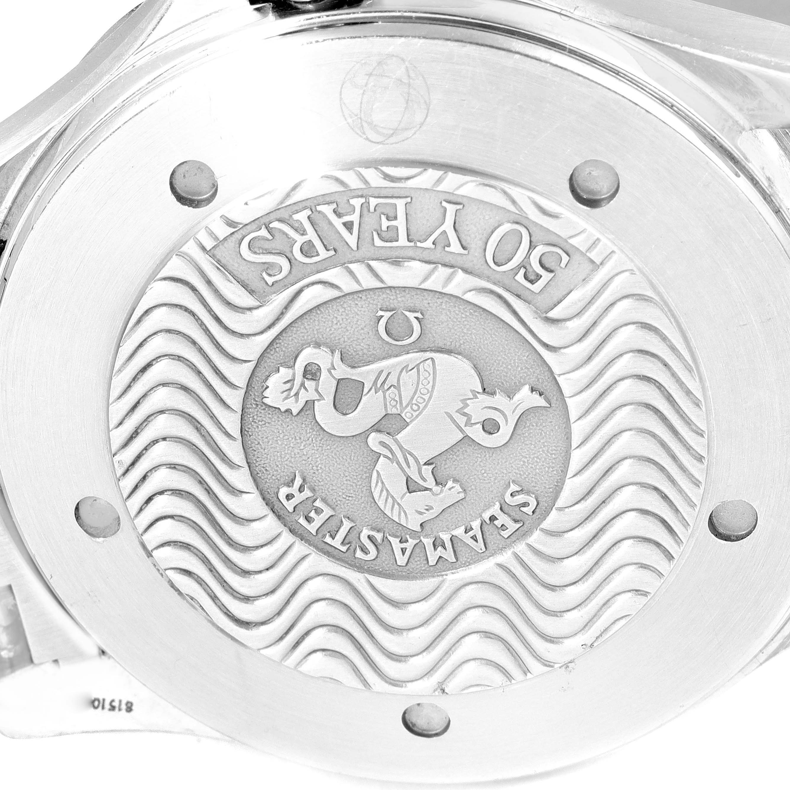 The image shows the case back of an Omega Seamaster 2234.50.00 Men's Stainless Steel Black Dial 2234.50.00 Men's Stainless Steel Black Dial watch, highlighting the "50 Years" engraving and centered logo.