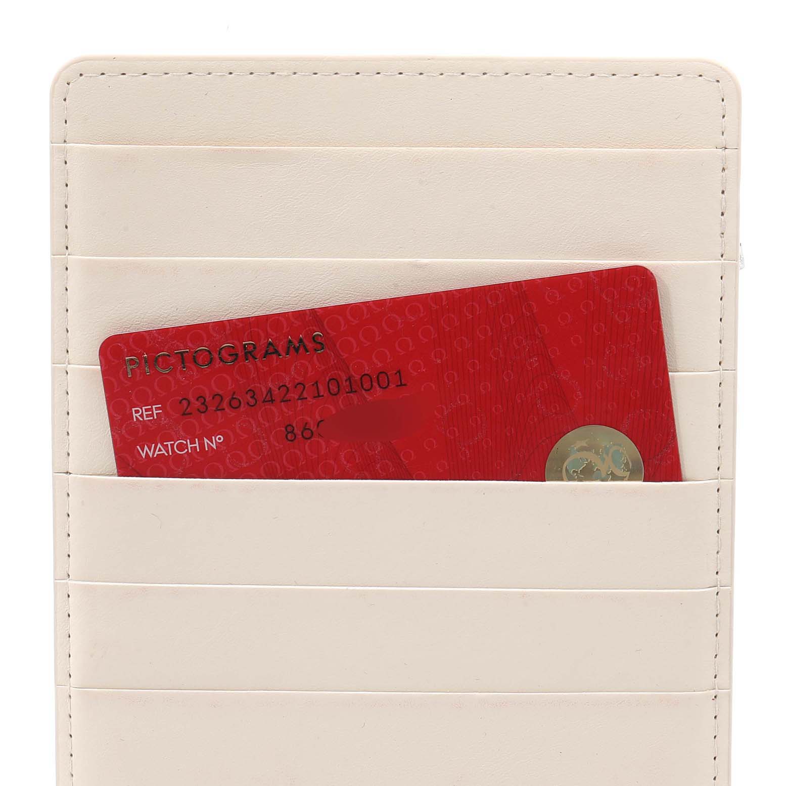 The image shows the warranty card for an Omega Planet Ocean 232.63.42.21.01.001 Men's Rose Gold Black Dial 232.63.42.21.01.001 Men's Rose Gold Black Dial watch, placed in a cardholder.