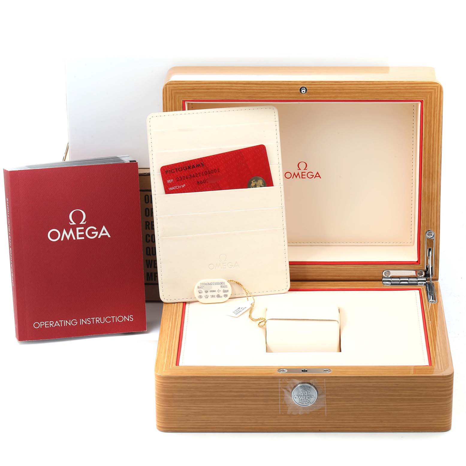 The image shows the box, operating instructions, warranty cards, and accessories for the Omega Planet Ocean 232.63.42.21.01.001 Men's Rose Gold Black Dial 232.63.42.21.01.001 Men's Rose Gold Black Dial watch.