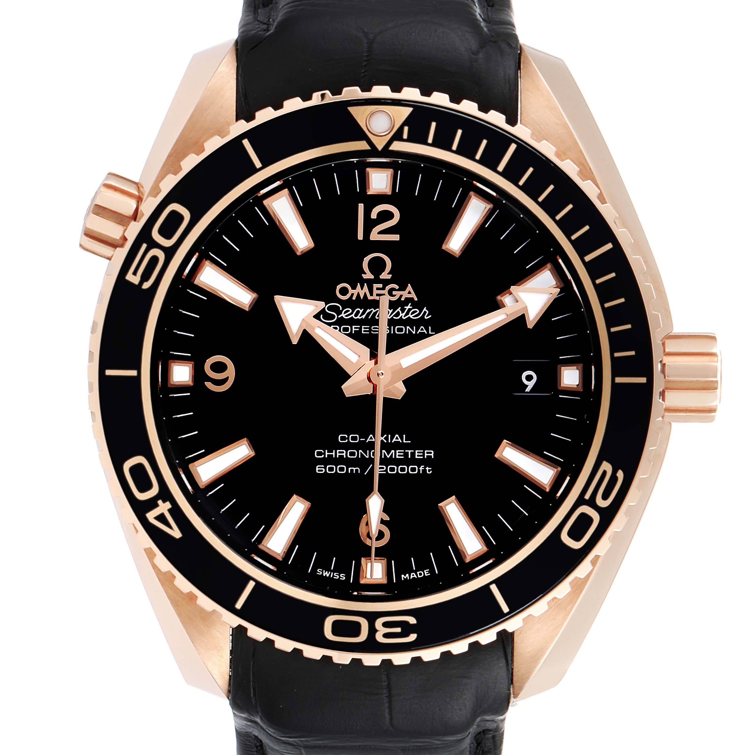 This image shows a front view of the Omega Planet Ocean 232.63.42.21.01.001 Men's Rose Gold Black Dial 232.63.42.21.01.001 Men's Rose Gold Black Dial Seamaster watch, displaying its dial, bezel, and crown.