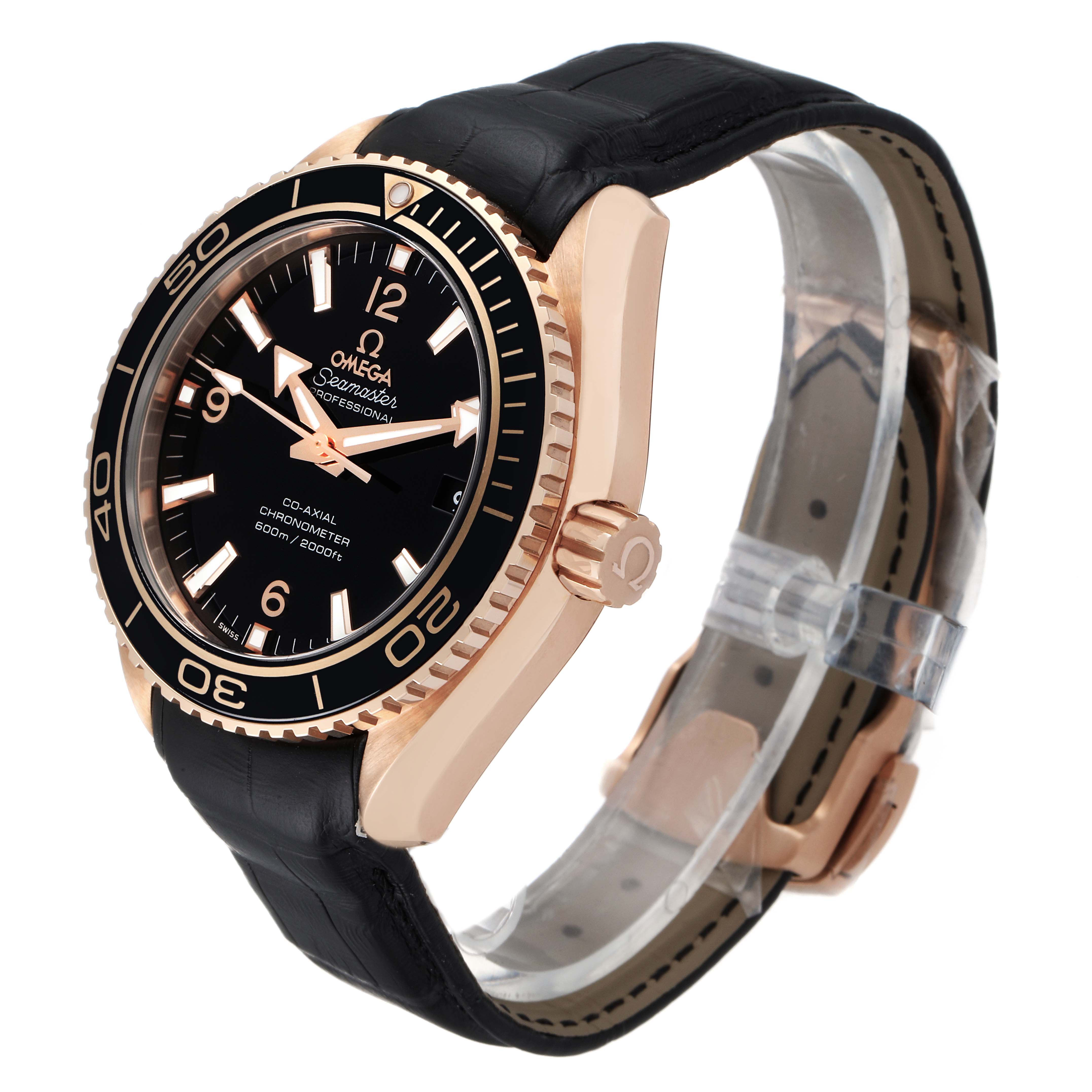 The image depicts an Omega Planet Ocean 232.63.42.21.01.001 Men's Rose Gold Black Dial 232.63.42.21.01.001 Men's Rose Gold Black Dial watch, showcasing its face, bezel, crown, and leather strap from a three-quarter angle.