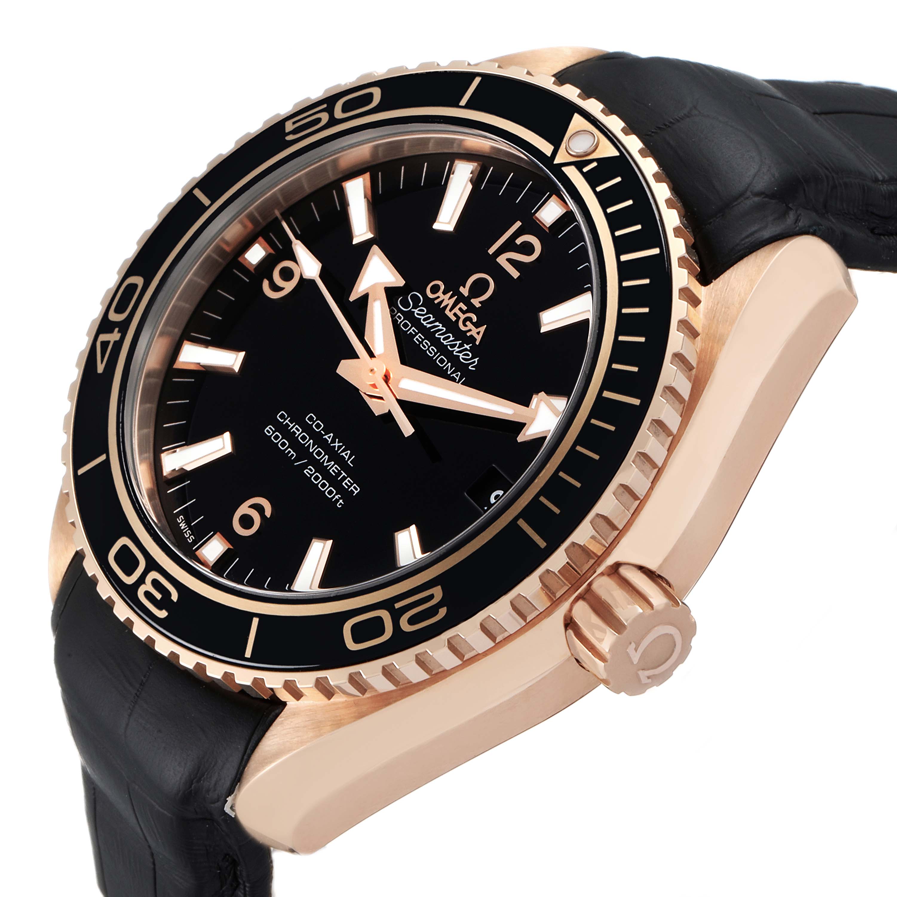 The Omega Planet Ocean 232.63.42.21.01.001 Men's Rose Gold Black Dial 232.63.42.21.01.001 Men's Rose Gold Black Dial watch is shown at an angled side view, highlighting the dial, bezel, crown, and part of the strap.
