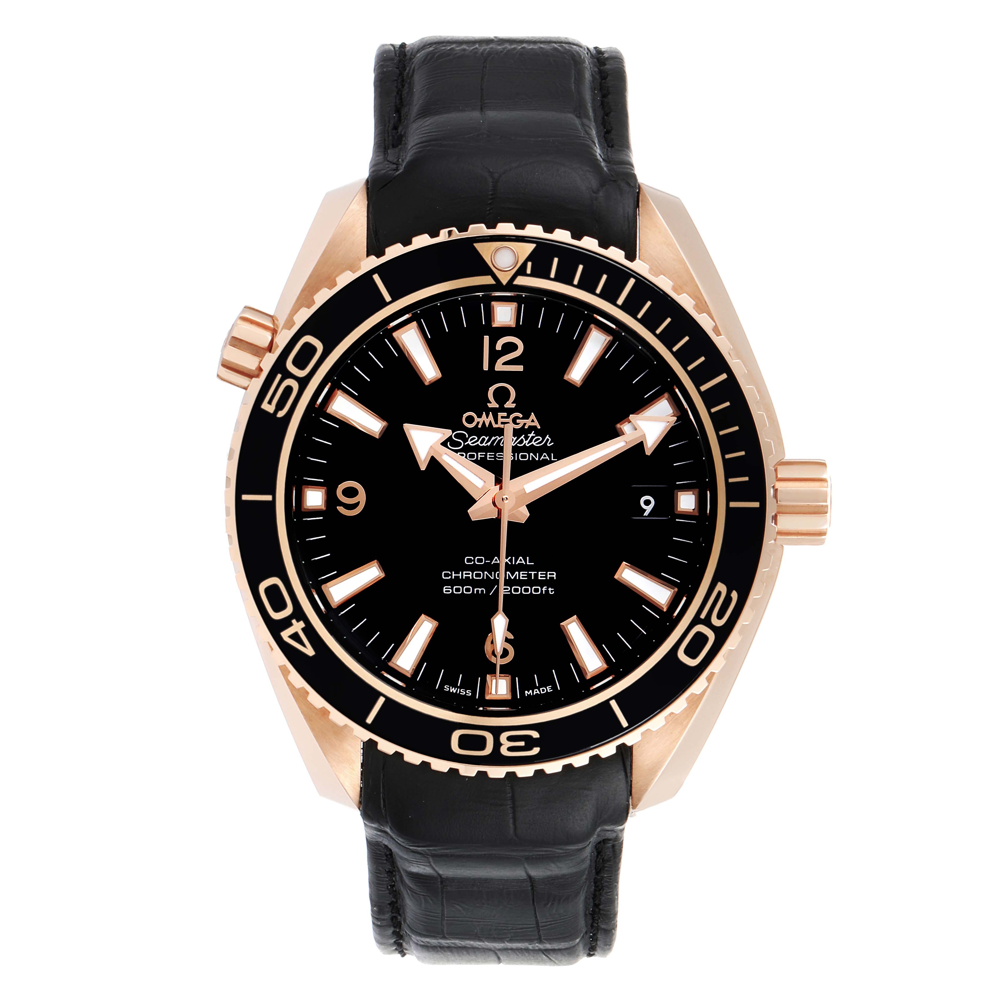 The Omega Planet Ocean 232.63.42.21.01.001 Men's Rose Gold Black Dial 232.63.42.21.01.001 Men's Rose Gold Black Dial watch is shown from a straight-on angle, displaying the face, bezel, and strap.