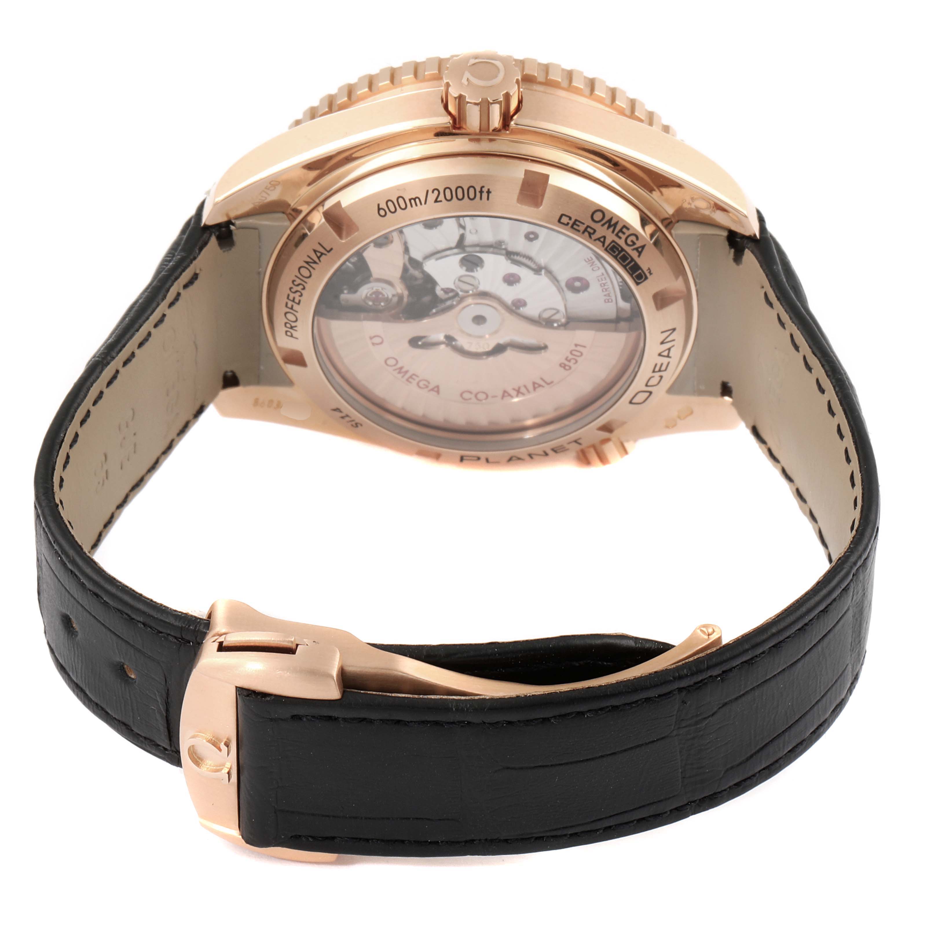 The Planet Ocean model by Omega is shown from the back, highlighting the case back, movement, and black leather strap.