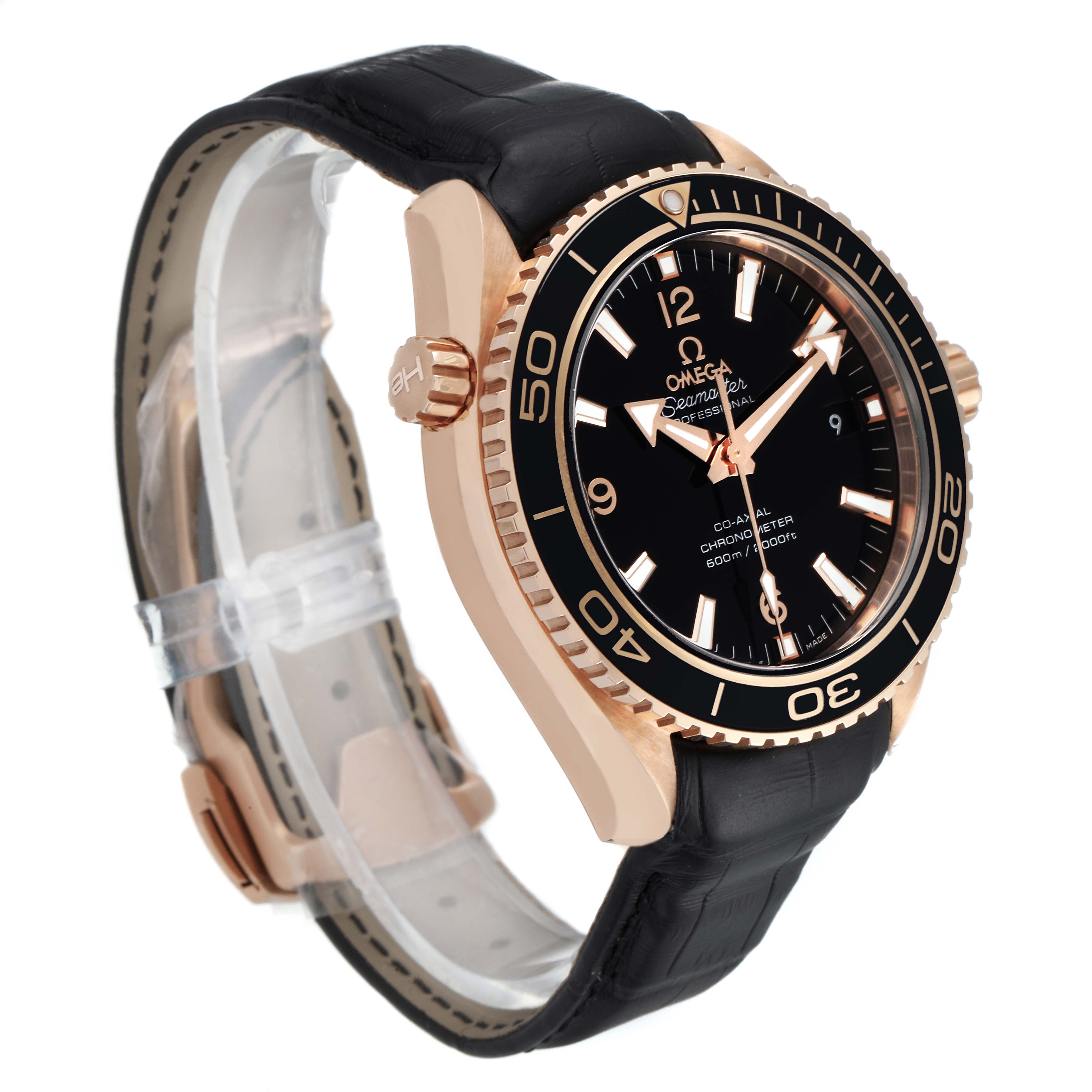 The Omega Planet Ocean 232.63.42.21.01.001 Men's Rose Gold Black Dial 232.63.42.21.01.001 Men's Rose Gold Black Dial watch is shown in a side-angle view, highlighting its black dial, bezel, crown, and black leather strap.