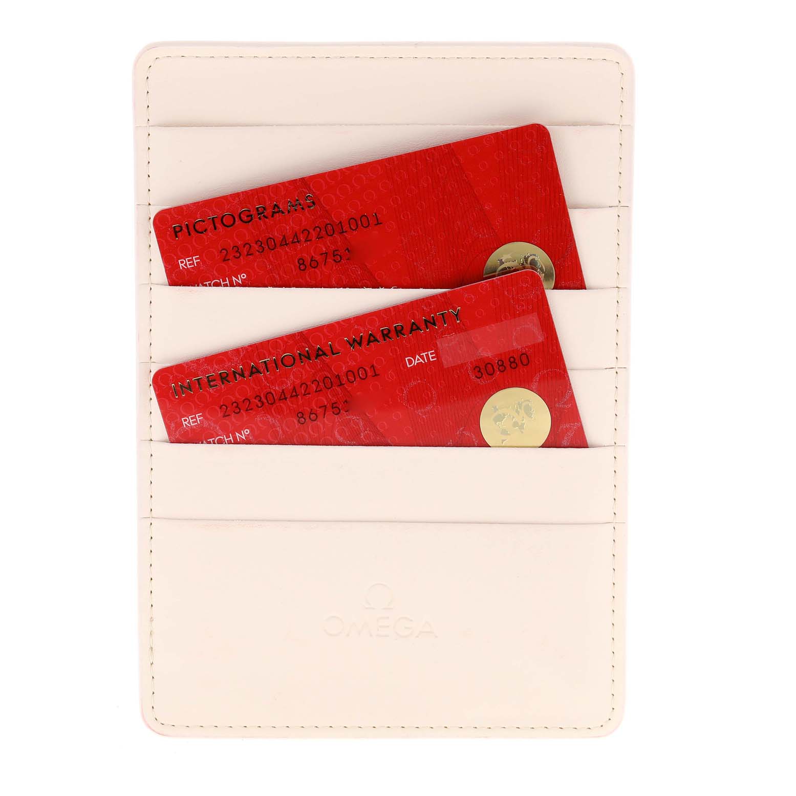 The image shows the international warranty and pictograms cards for the Omega Planet Ocean 232.30.44.22.01.001 Men's Stainless Steel Black Dial 232.30.44.22.01.001 Men's Stainless Steel Black Dial watch, housed in an Omega card holder.