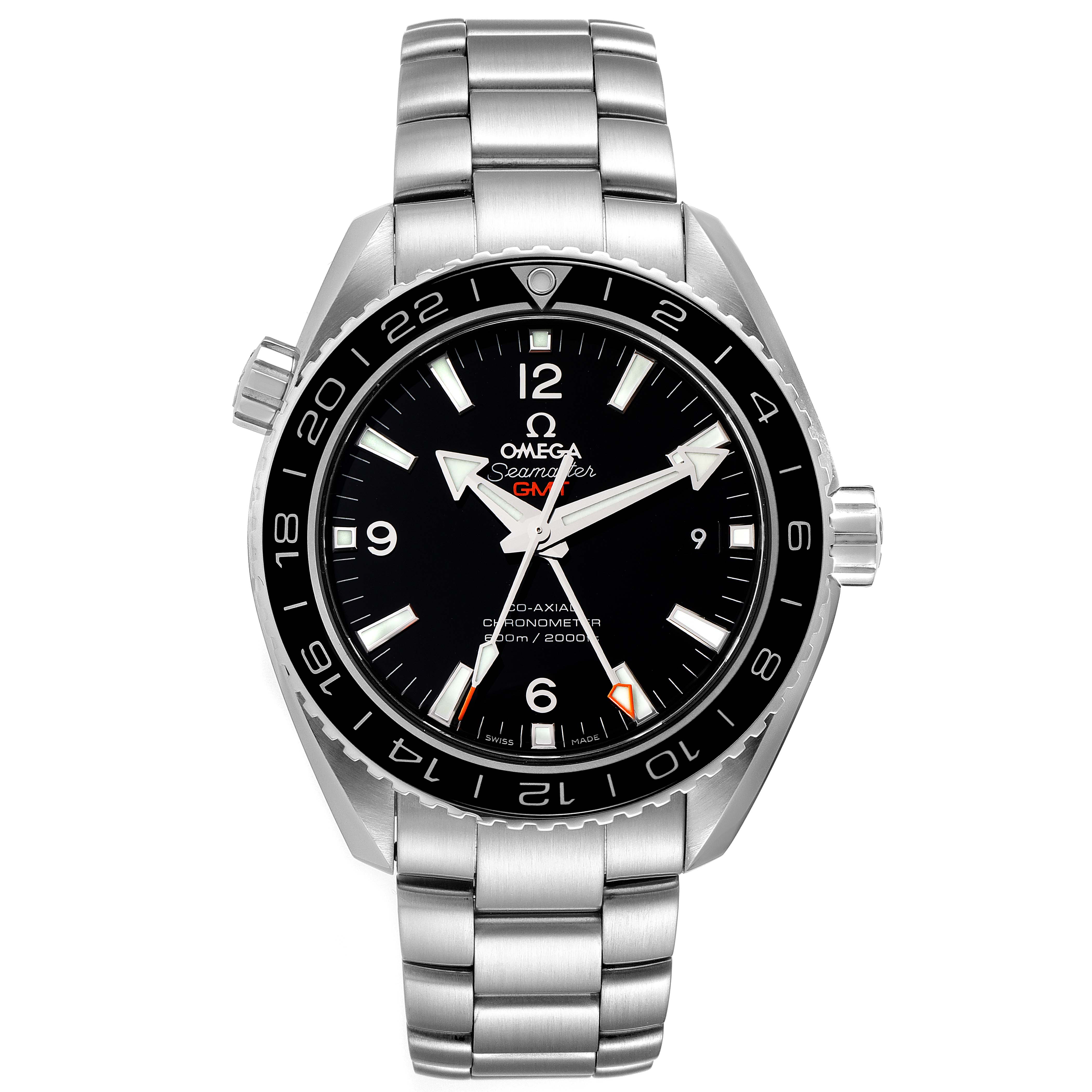 This is an Omega Planet Ocean 232.30.44.22.01.001 Men's Stainless Steel Black Dial 232.30.44.22.01.001 Men's Stainless Steel Black Dial watch shown from a front angle, displaying the dial, hands, bezel, and bracelet.