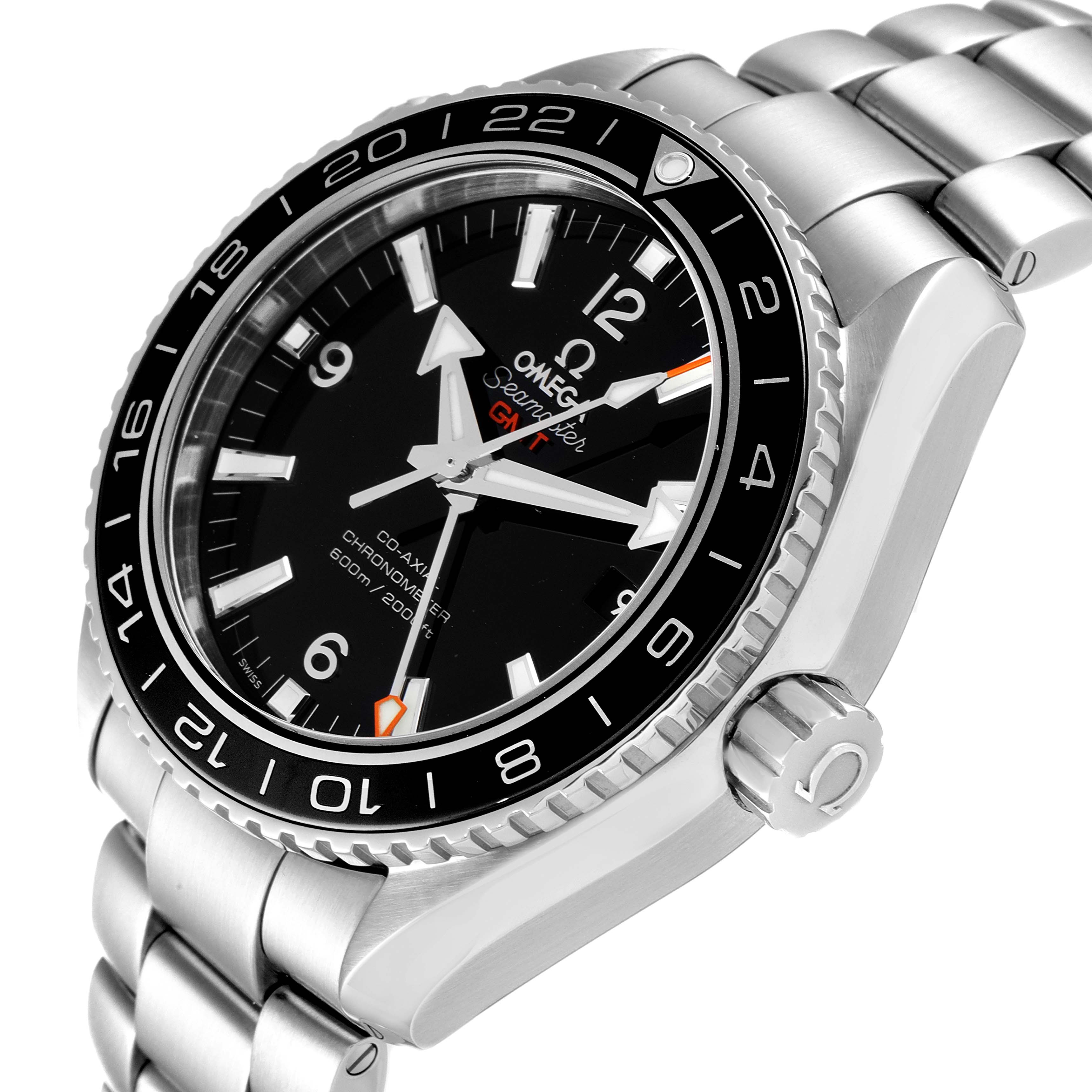The image shows the Omega Planet Ocean 232.30.44.22.01.001 Men's Stainless Steel Black Dial 232.30.44.22.01.001 Men's Stainless Steel Black Dial watch at an angle highlighting the face, bezel, crown, and bracelet.