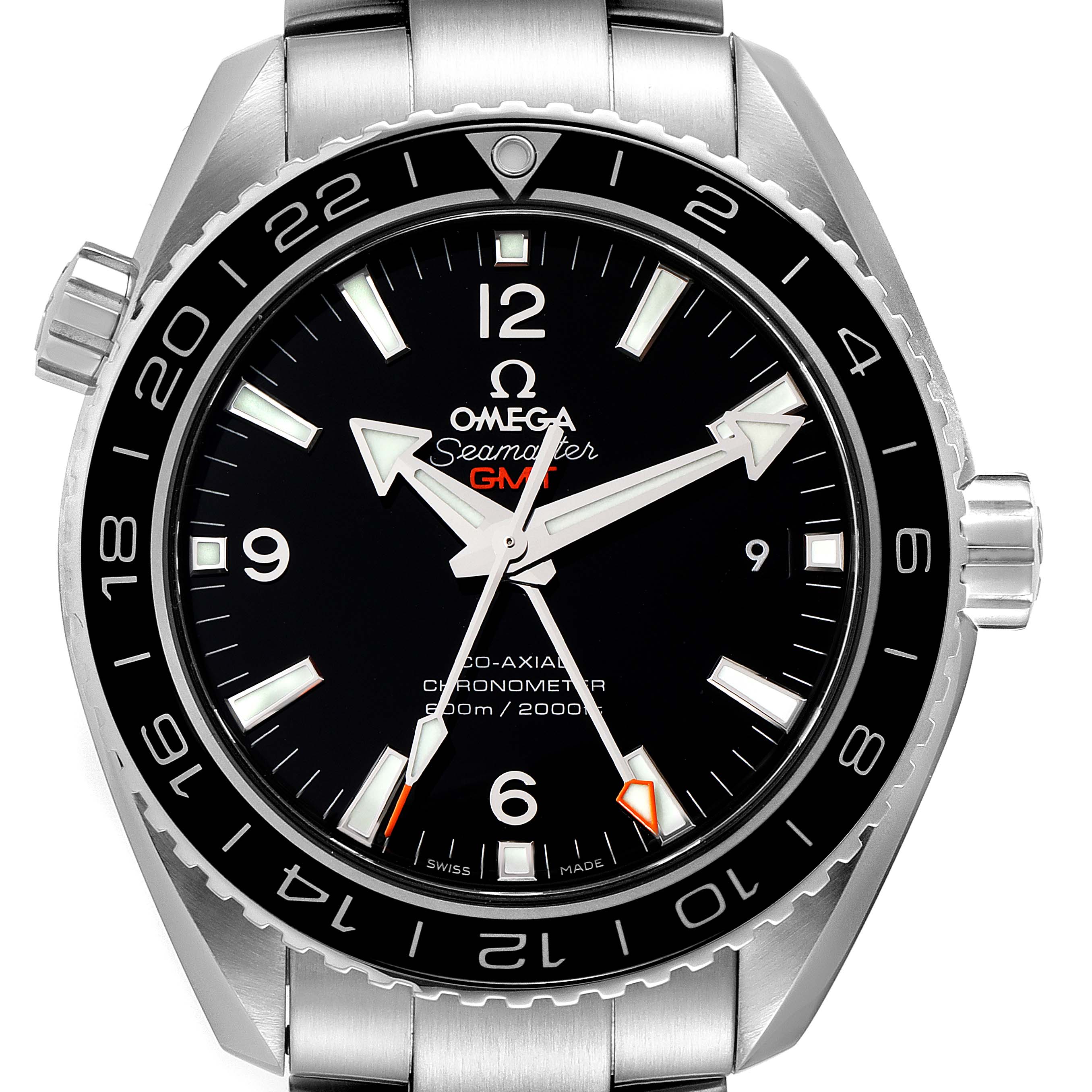 The Omega Planet Ocean 232.30.44.22.01.001 Men's Stainless Steel Black Dial 232.30.44.22.01.001 Men's Stainless Steel Black Dial watch is shown from the front, displaying its dial, bezel, crown, and part of the stainless steel bracelet.