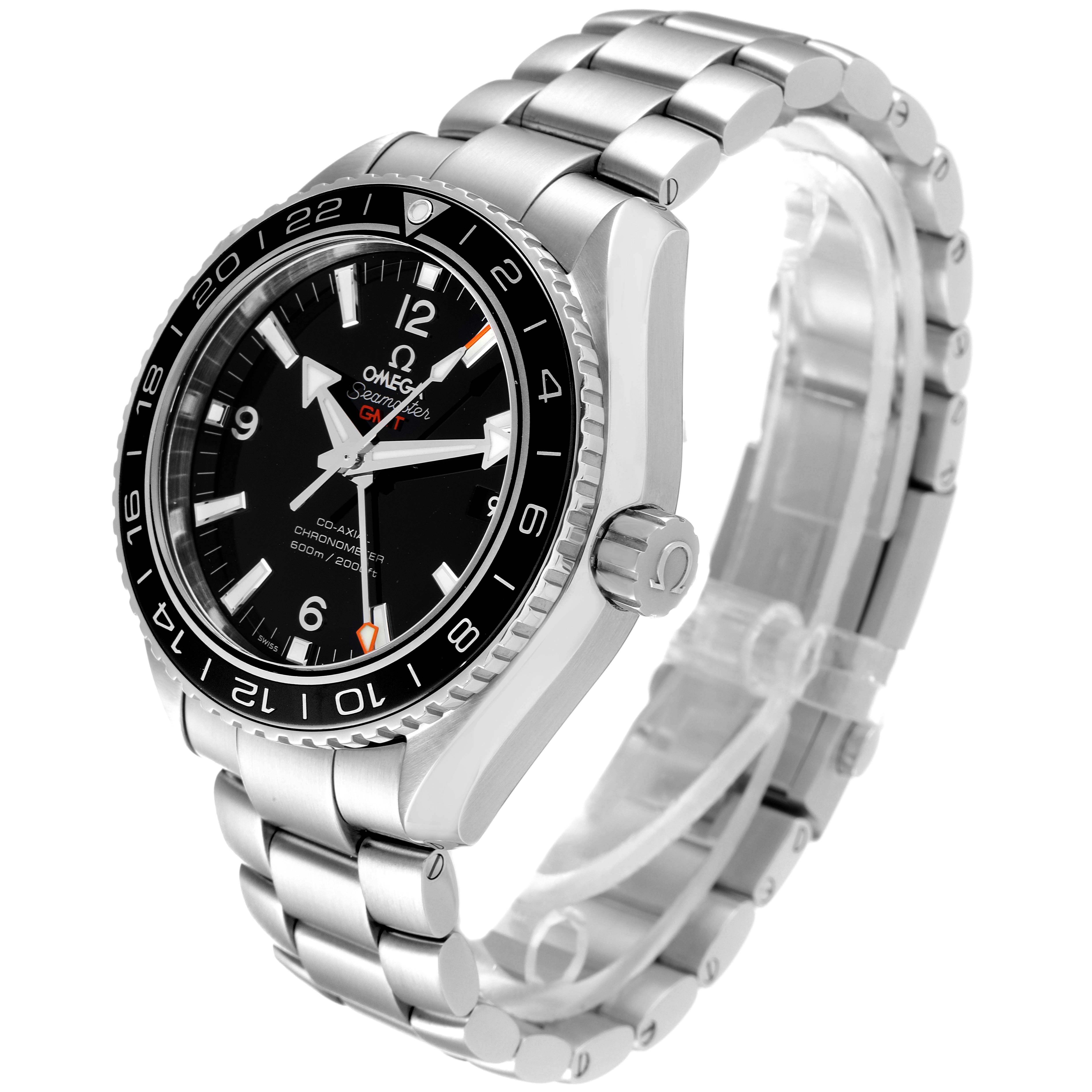 The Omega Planet Ocean 232.30.44.22.01.001 Men's Stainless Steel Black Dial 232.30.44.22.01.001 Men's Stainless Steel Black Dial watch is shown at an angled side view, displaying the face, bezel, crown, and bracelet.