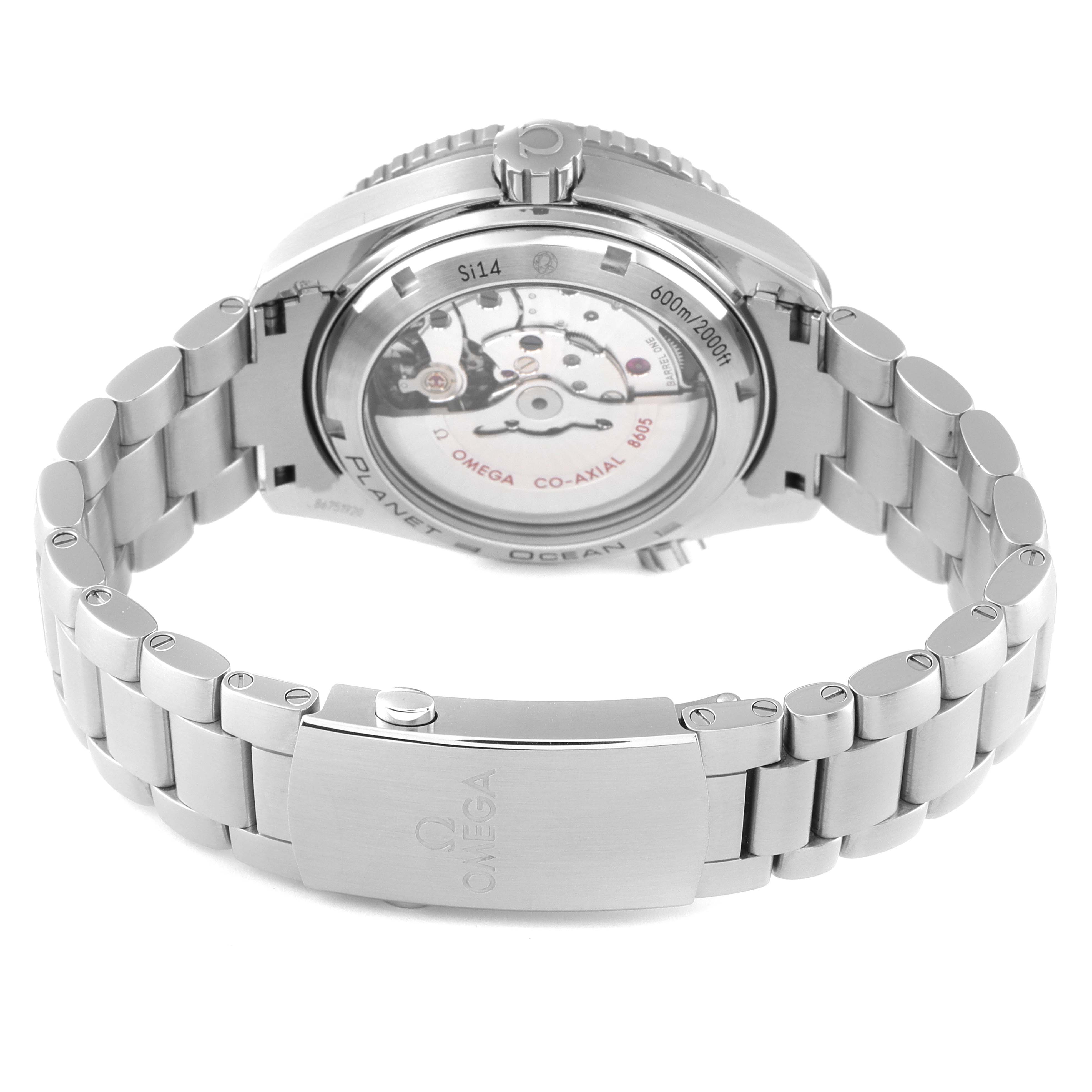 The image shows the back view of an Omega Planet Ocean 232.30.44.22.01.001 Men's Stainless Steel Black Dial 232.30.44.22.01.001 Men's Stainless Steel Black Dial watch, highlighting its stainless steel bracelet and transparent case back.