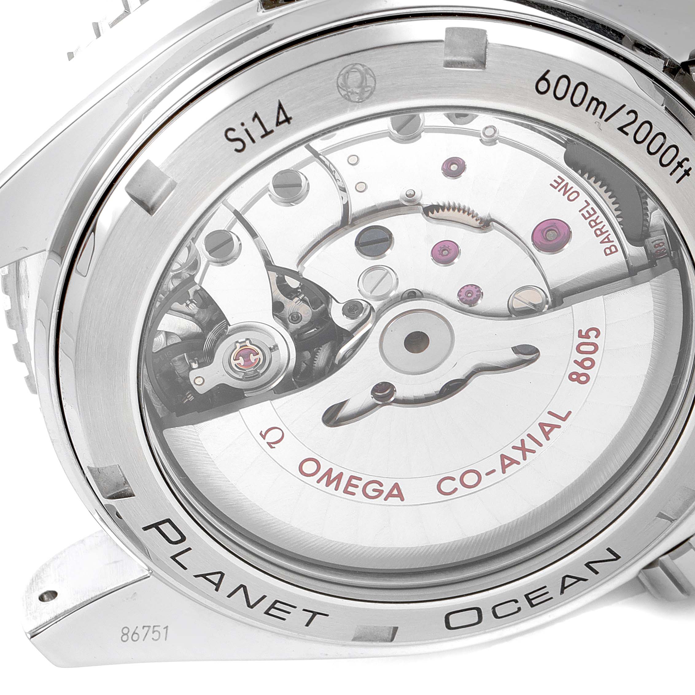 This image shows the back view of the Omega Planet Ocean 232.30.44.22.01.001 Men's Stainless Steel Black Dial 232.30.44.22.01.001 Men's Stainless Steel Black Dial watch, highlighting its co-axial movement and inner mechanics.