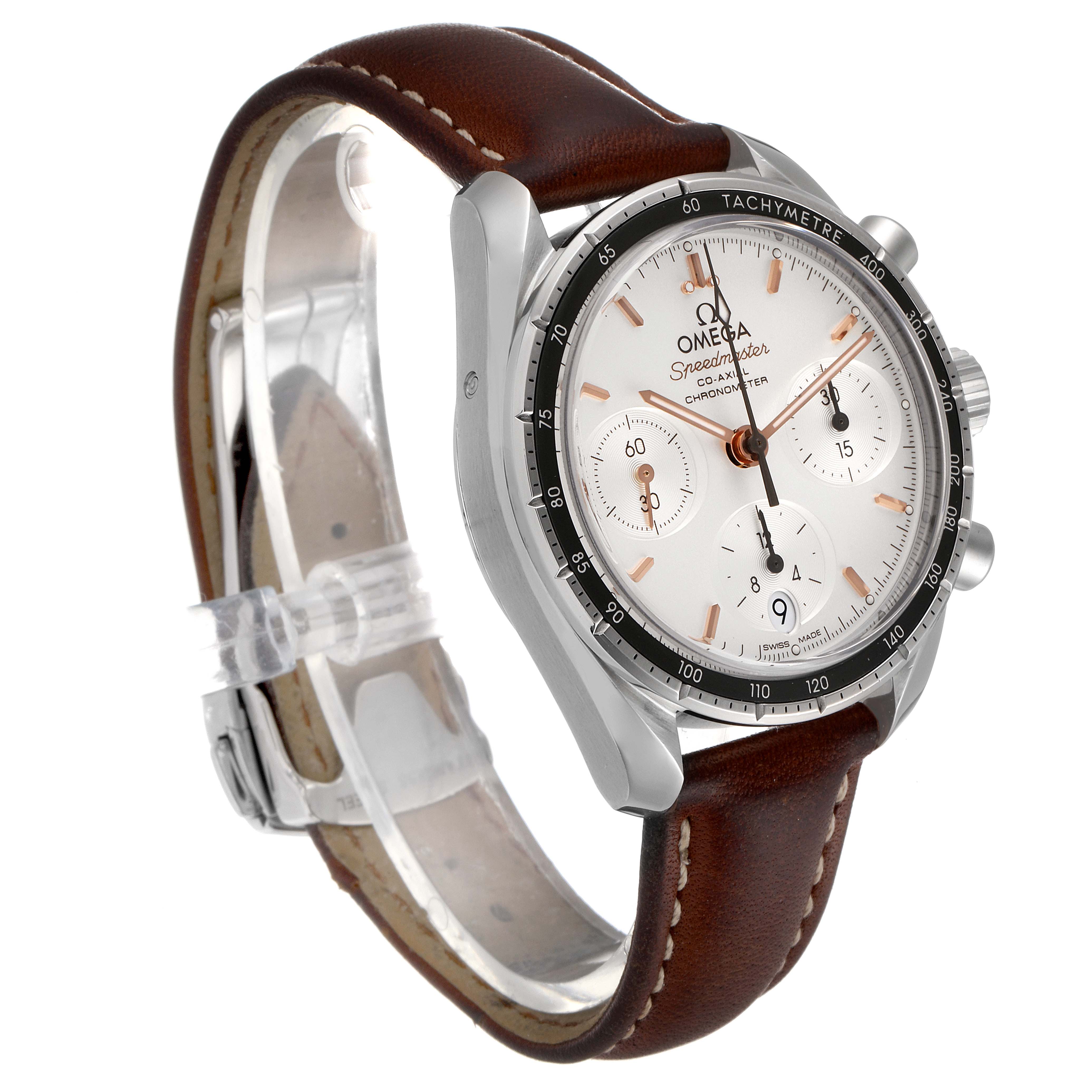 The Omega Speedmaster 324.32.38.50.02.001 Men
s Stainless Steel Silver Dial 324.32.38.50.02.001 Men
s Stainless Steel Silver Dial watch is shown at a slight angle from the front, highlighting its dial, bezel, and brown leather strap.