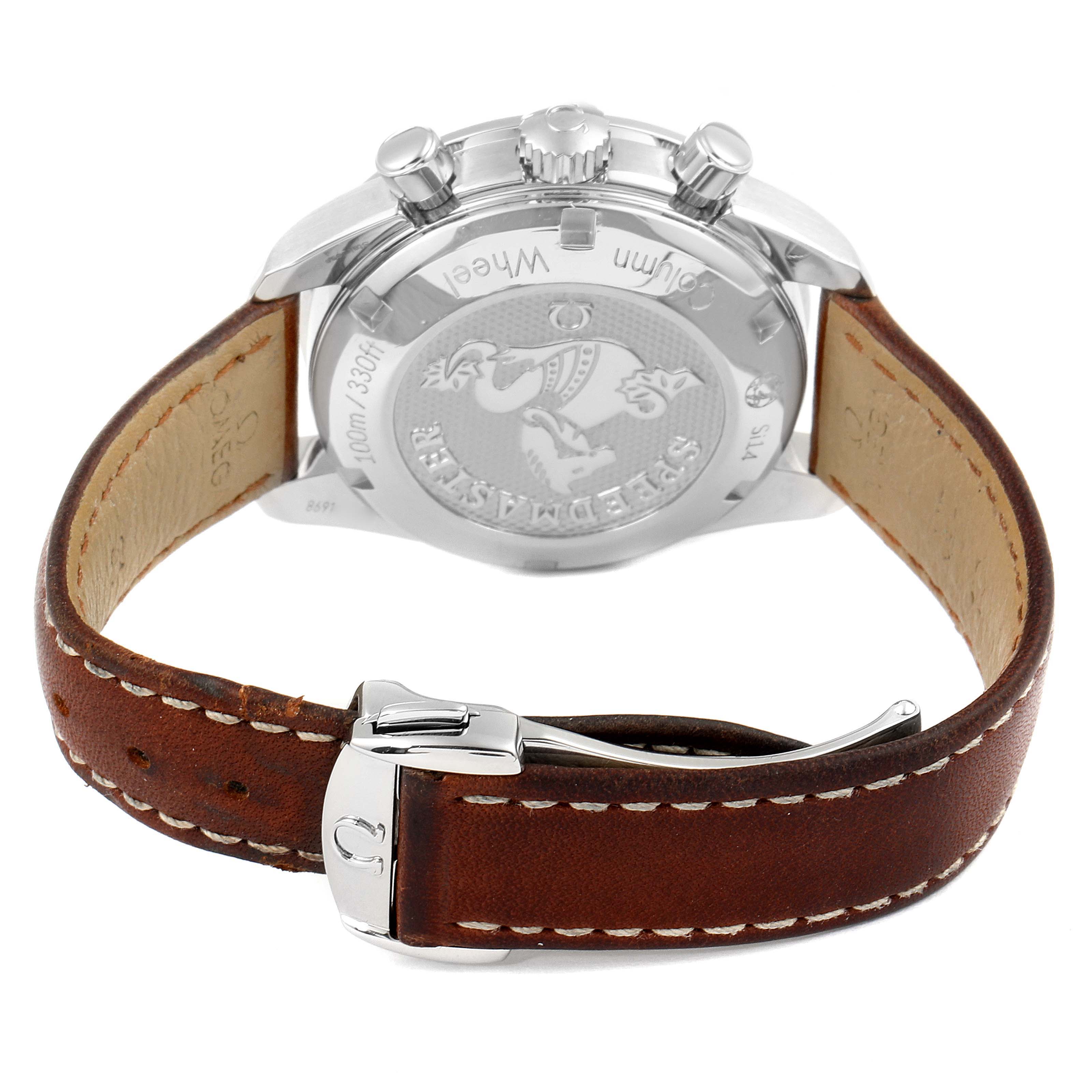 This image displays the Omega Speedmaster 324.32.38.50.02.001 Men
s Stainless Steel Silver Dial 324.32.38.50.02.001 Men
s Stainless Steel Silver Dial model from the back, showcasing the case back, pushers, crown, and leather strap.