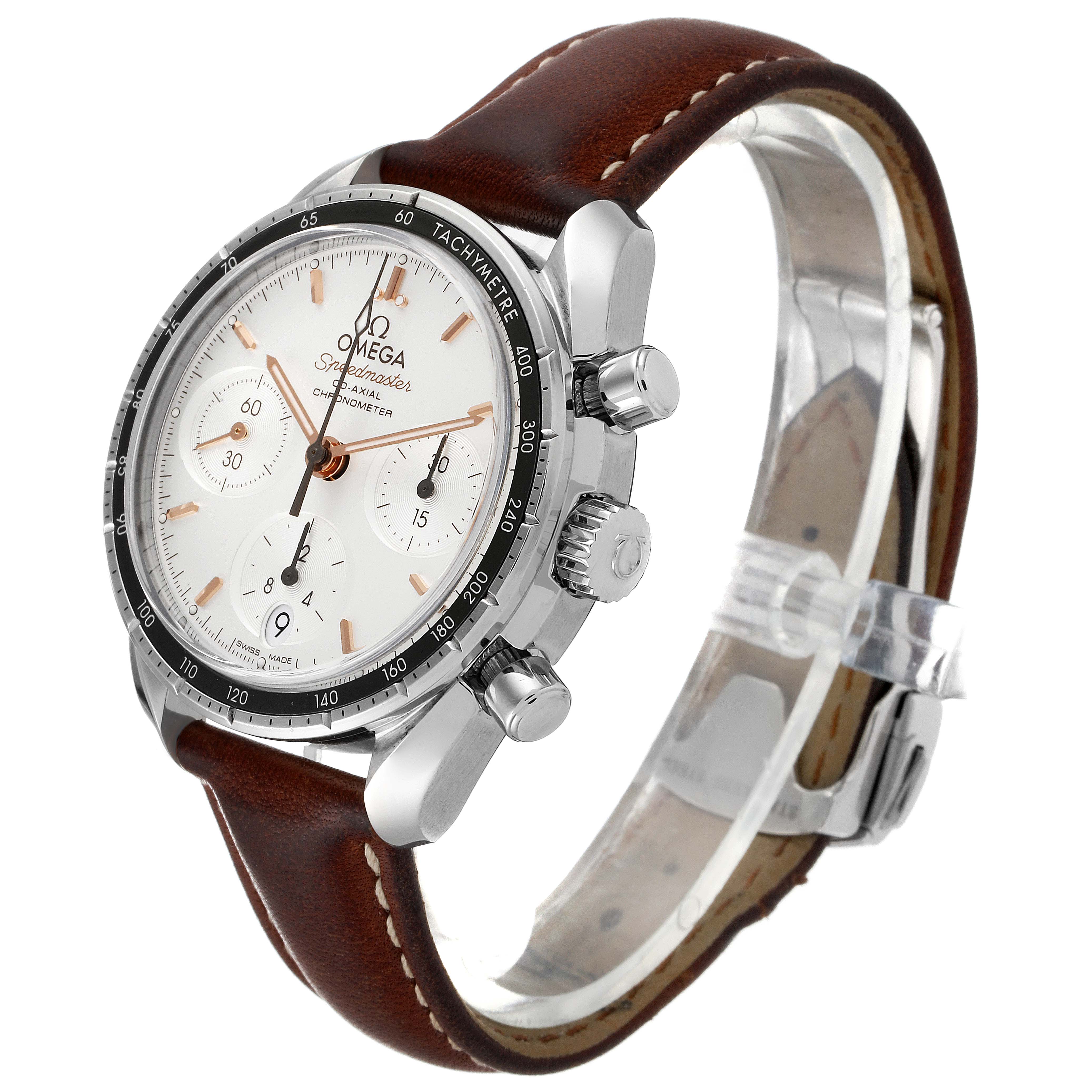 This is an angled side view of an Omega Speedmaster 324.32.38.50.02.001 Men
s Stainless Steel Silver Dial 324.32.38.50.02.001 Men
s Stainless Steel Silver Dial watch, showcasing its face, bezel, crown, pushers, and brown leather strap.