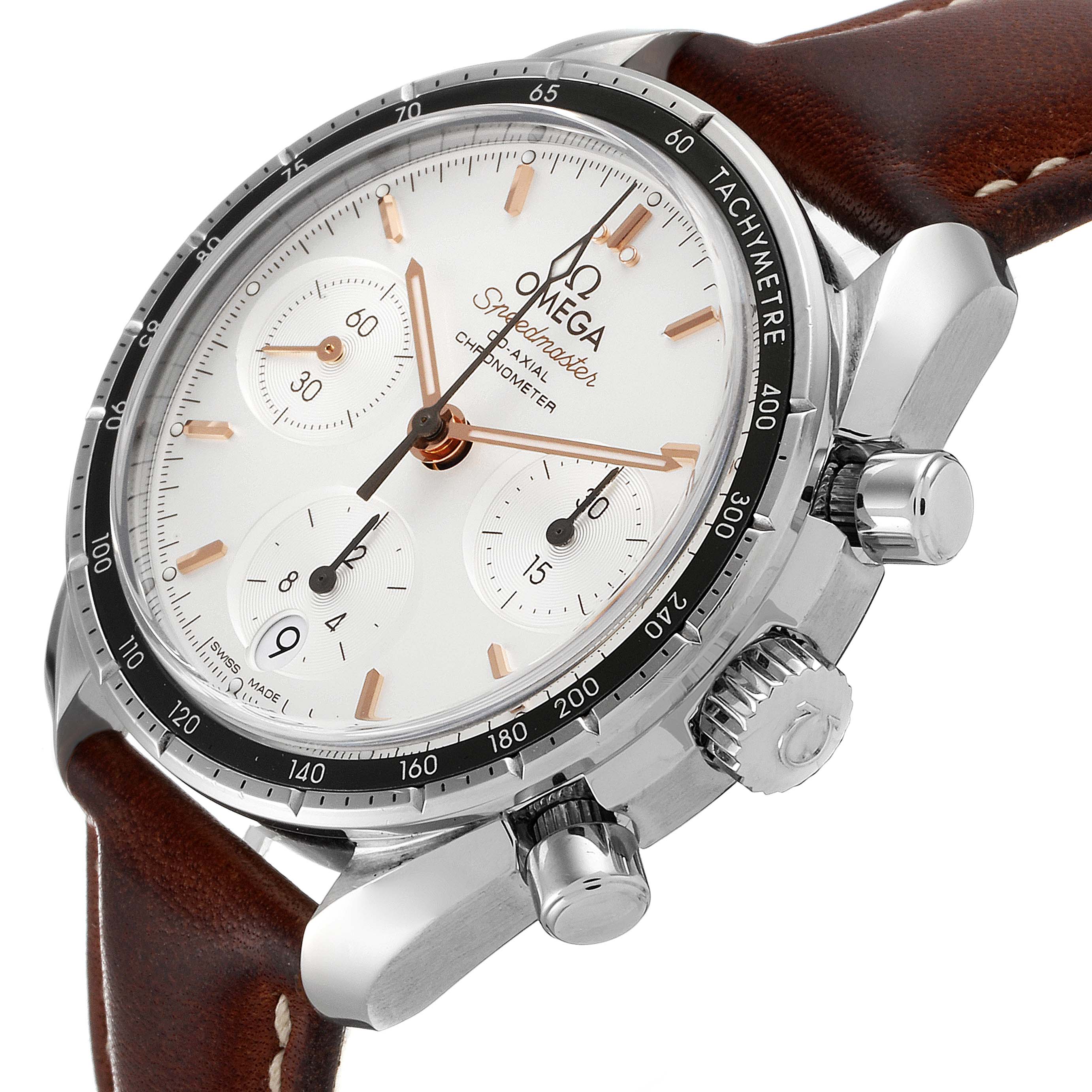 The image shows a close-up, angled view of the Omega Speedmaster 324.32.38.50.02.001 Men
s Stainless Steel Silver Dial 324.32.38.50.02.001 Men
s Stainless Steel Silver Dial watch, highlighting the dial, crown, pushers, and leather strap.