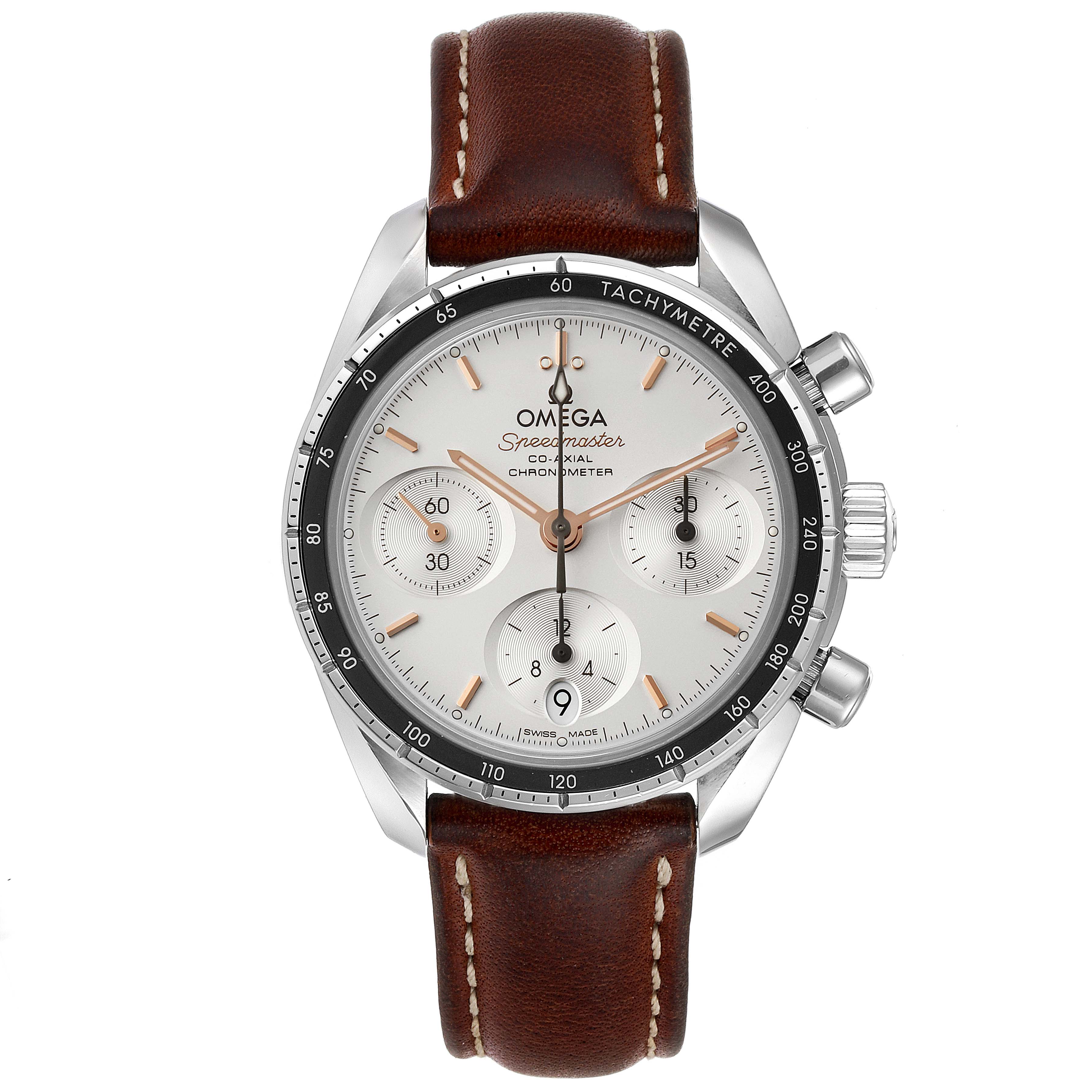 The Omega Speedmaster 324.32.38.50.02.001 Men
s Stainless Steel Silver Dial 324.32.38.50.02.001 Men
s Stainless Steel Silver Dial watch is shown from a front angle, displaying its dial, bezel, and brown leather strap.