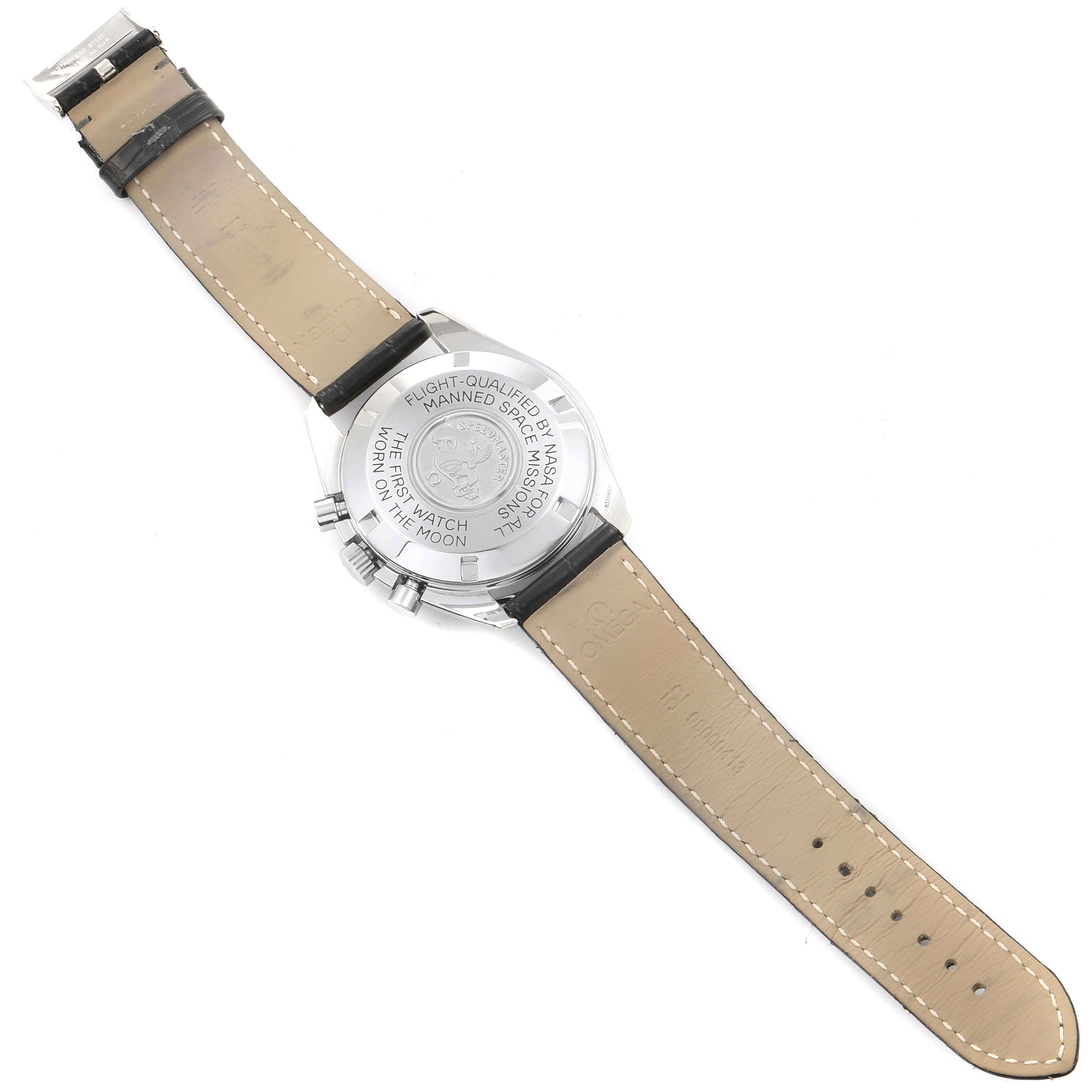 The image shows the back view of an Omega Speedmaster 3590.50.00 Men's Stainless Steel Black Dial 3590.50.00 Men's Stainless Steel Black Dial watch, highlighting the case back and leather strap.