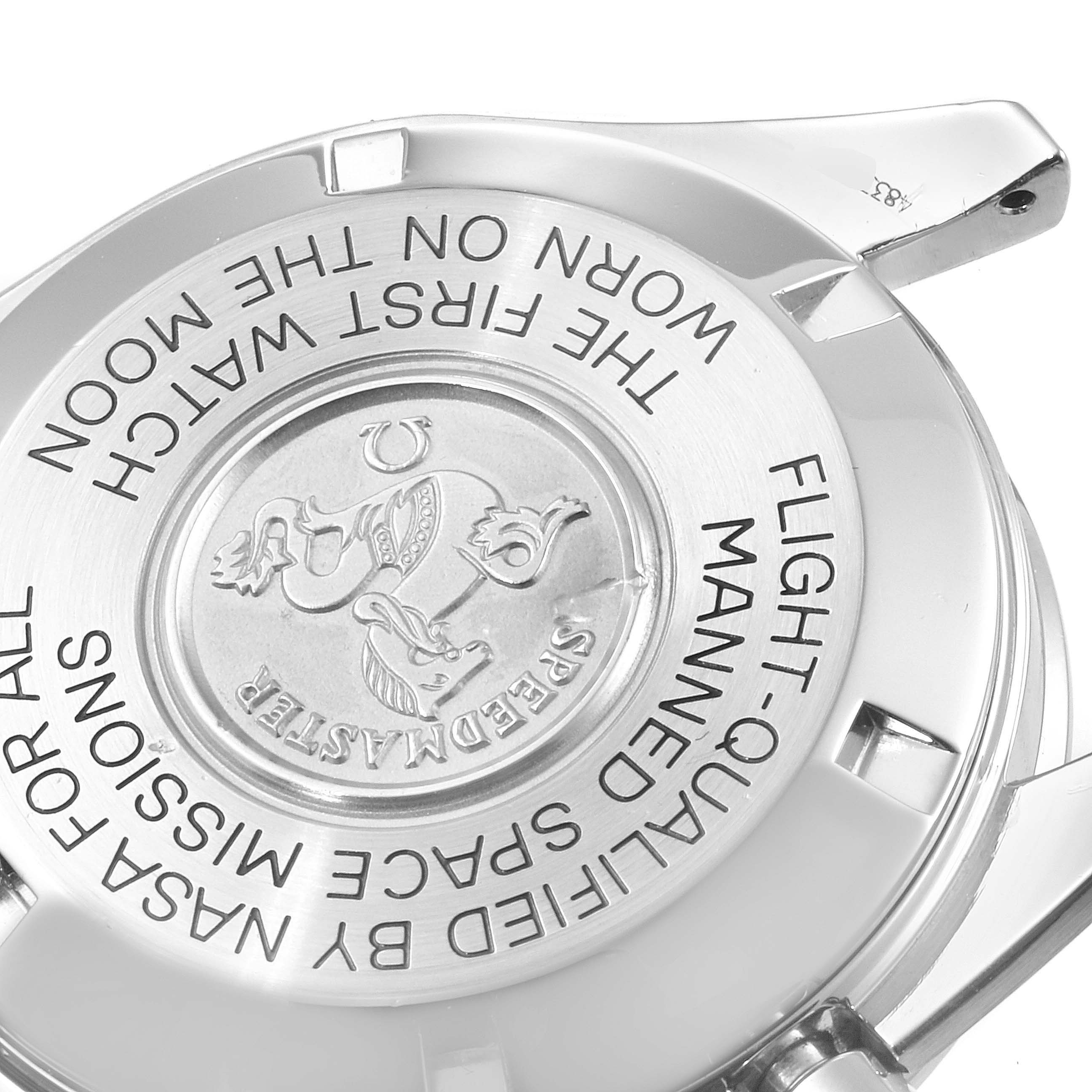 The image shows the engraved case back of an Omega Speedmaster 3590.50.00 Men's Stainless Steel Black Dial 3590.50.00 Men's Stainless Steel Black Dial watch at an angled view.