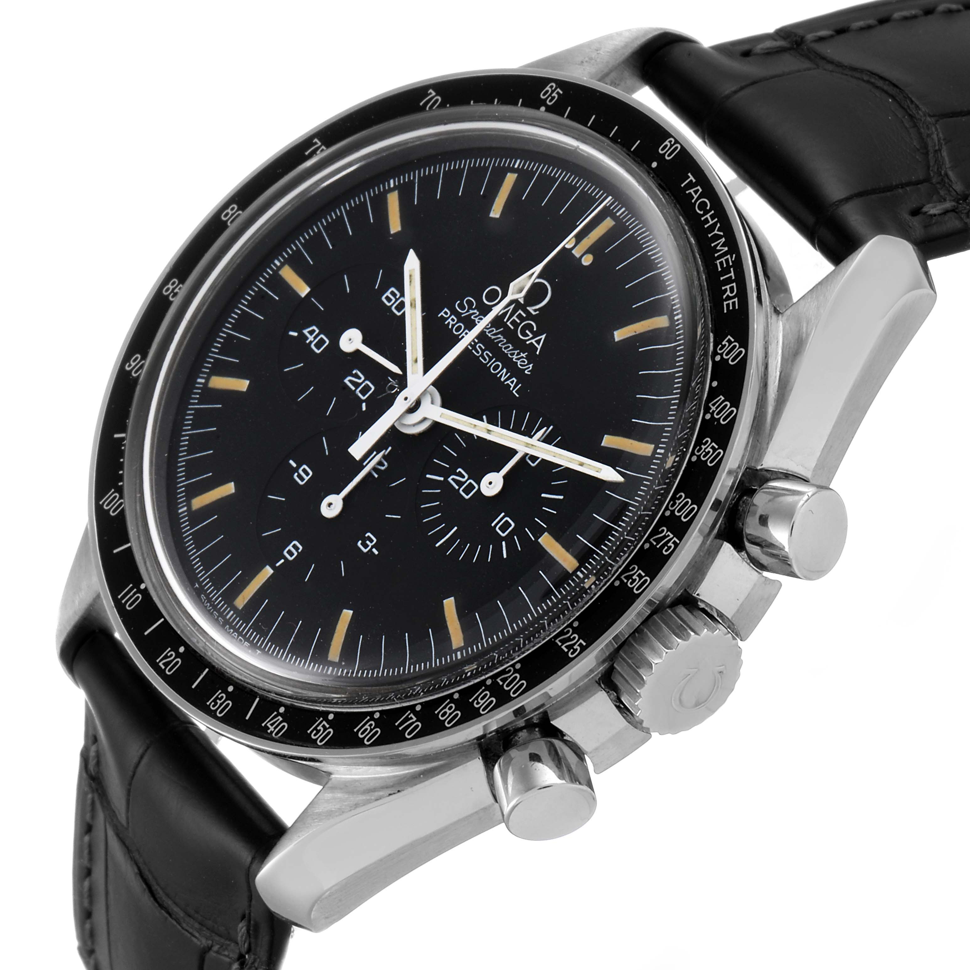 The Omega Speedmaster 3590.50.00 Men's Stainless Steel Black Dial 3590.50.00 Men's Stainless Steel Black Dial watch is shown at a slight side angle, highlighting the dial, pushers, crown, and black leather strap.