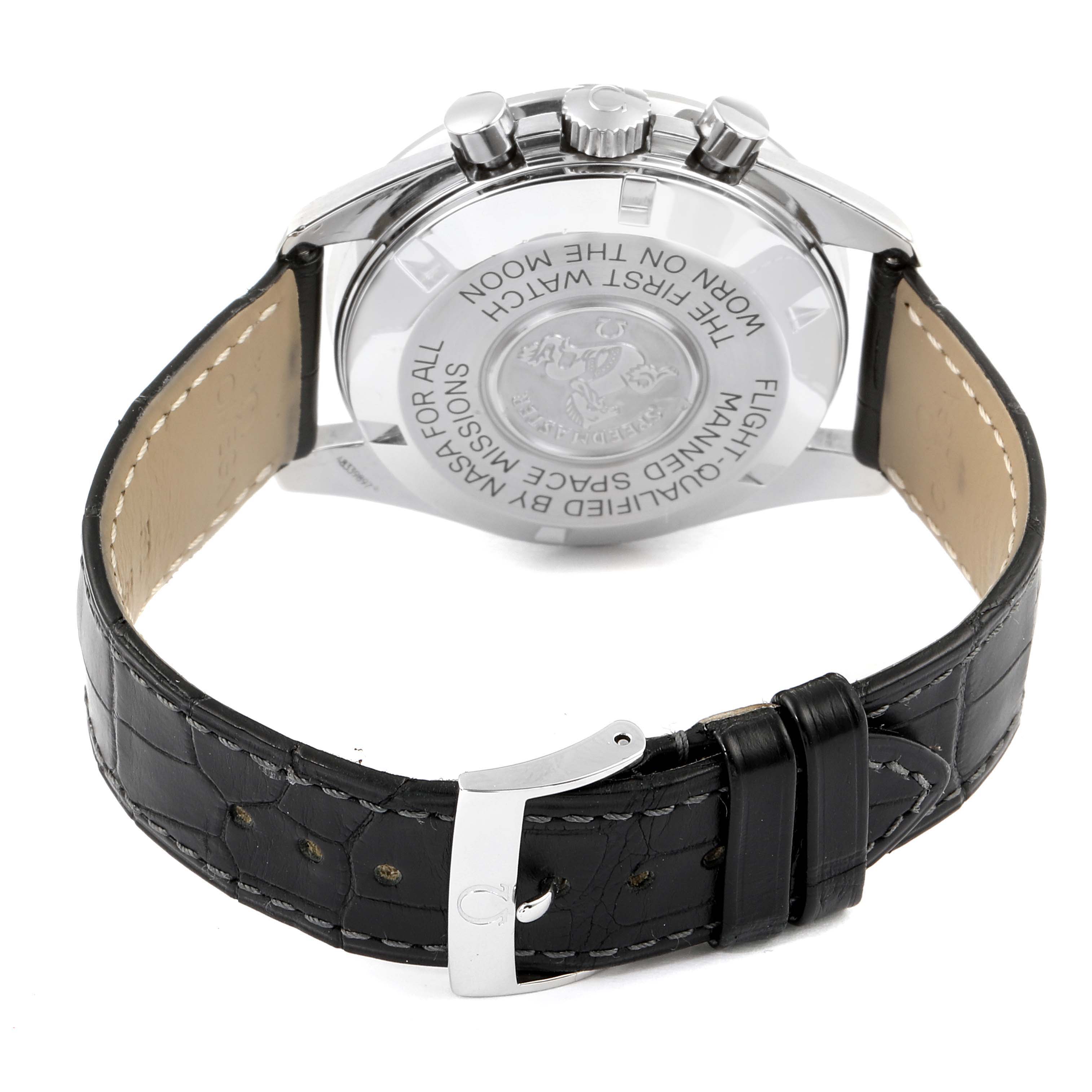 The image shows the back view of the Omega Speedmaster 3590.50.00 Men's Stainless Steel Black Dial 3590.50.00 Men's Stainless Steel Black Dial watch, highlighting its caseback, pushers, crown, and leather strap with a buckle.
