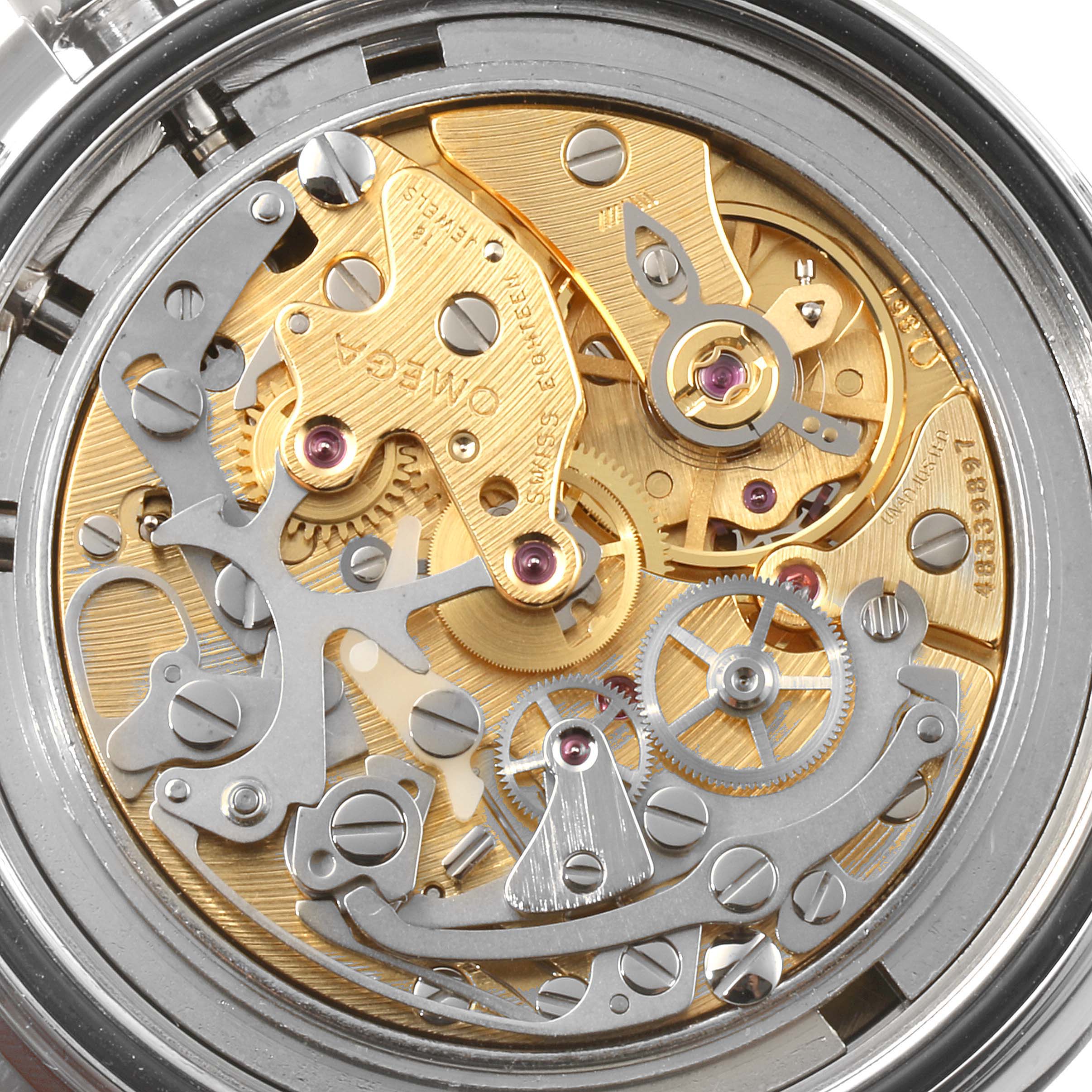 This is a close-up view of the movement mechanism of an Omega Speedmaster 3590.50.00 Men's Stainless Steel Black Dial 3590.50.00 Men's Stainless Steel Black Dial watch, showcasing its internal gears and components.