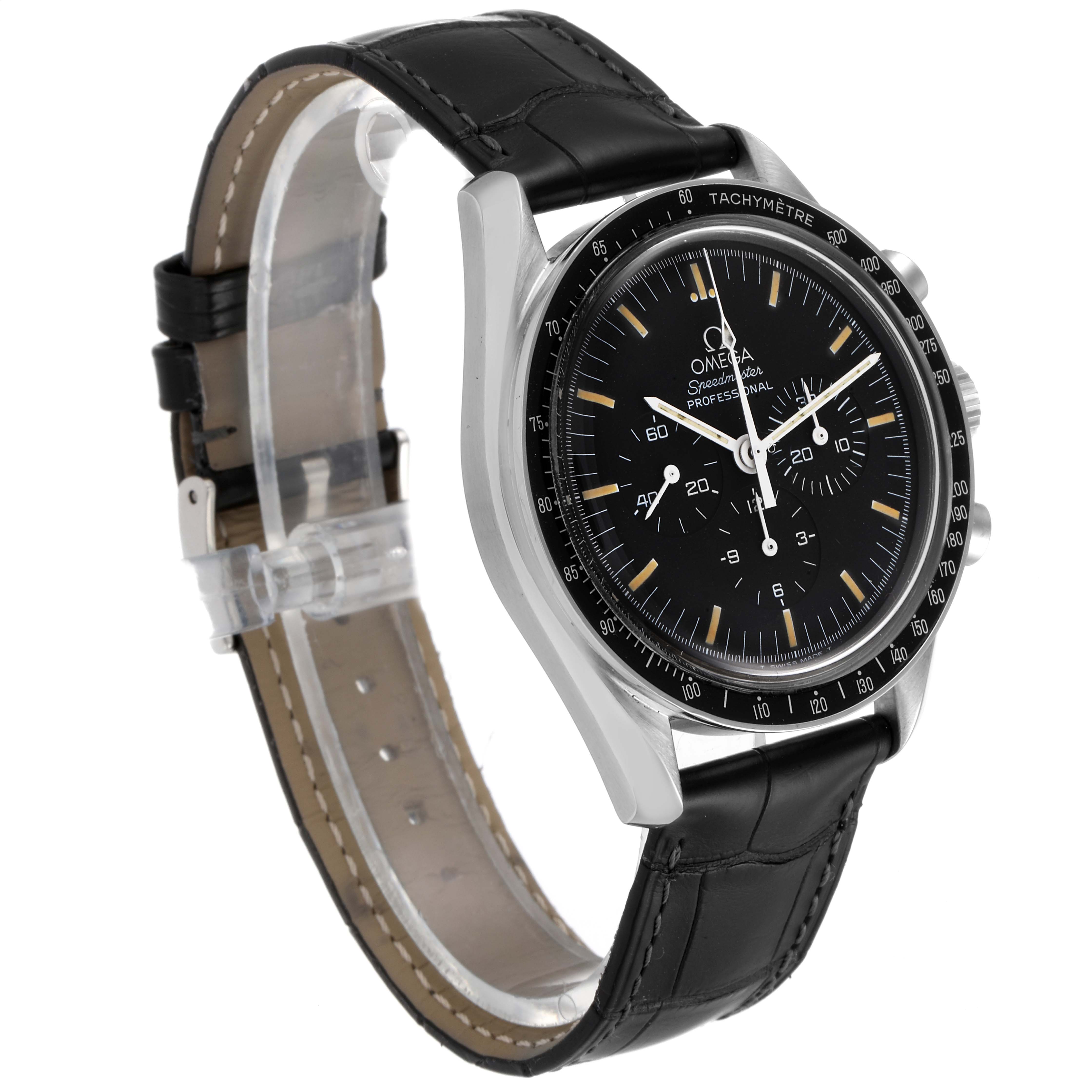 The Omega Speedmaster 3590.50.00 Men's Stainless Steel Black Dial 3590.50.00 Men's Stainless Steel Black Dial watch is shown at a slight angle, highlighting its black dial, tachymeter bezel, and black leather strap.