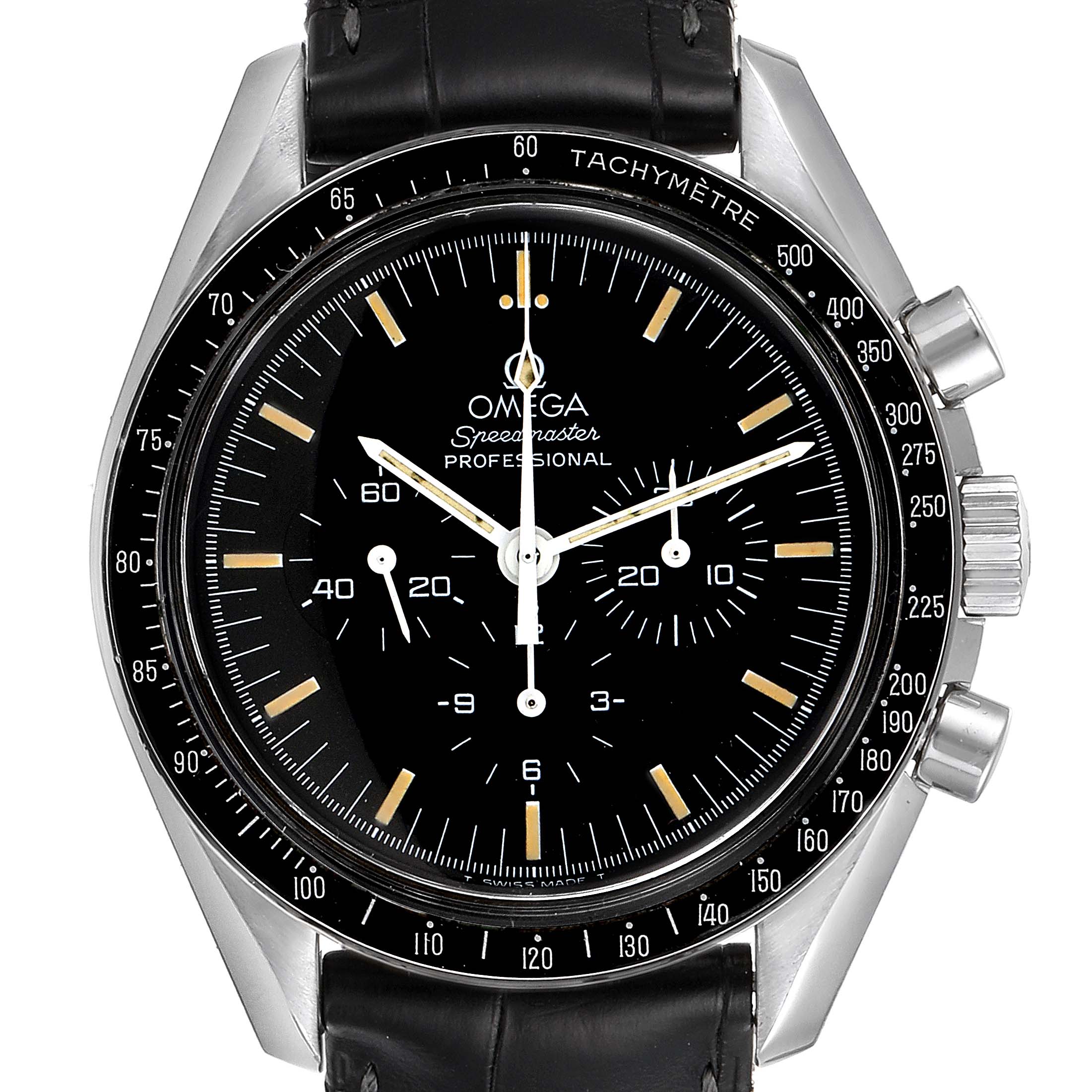 This image shows a front view of the Omega Speedmaster 3590.50.00 Men's Stainless Steel Black Dial 3590.50.00 Men's Stainless Steel Black Dial watch, displaying its face, bezel, and chronograph pushers.