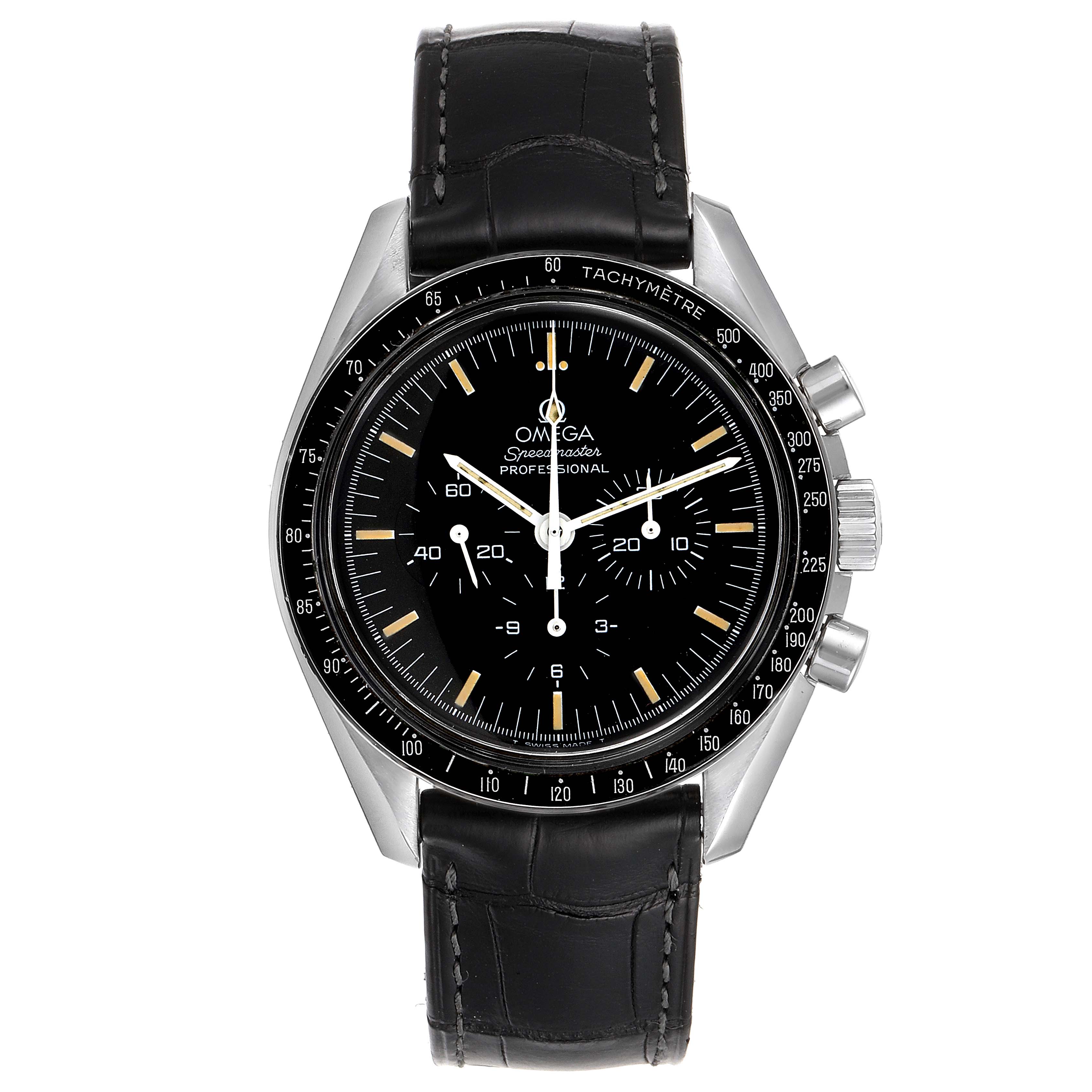 The image shows a frontal view of the Omega Speedmaster 3590.50.00 Men's Stainless Steel Black Dial 3590.50.00 Men's Stainless Steel Black Dial watch, revealing the dial, bezel, and leather strap.