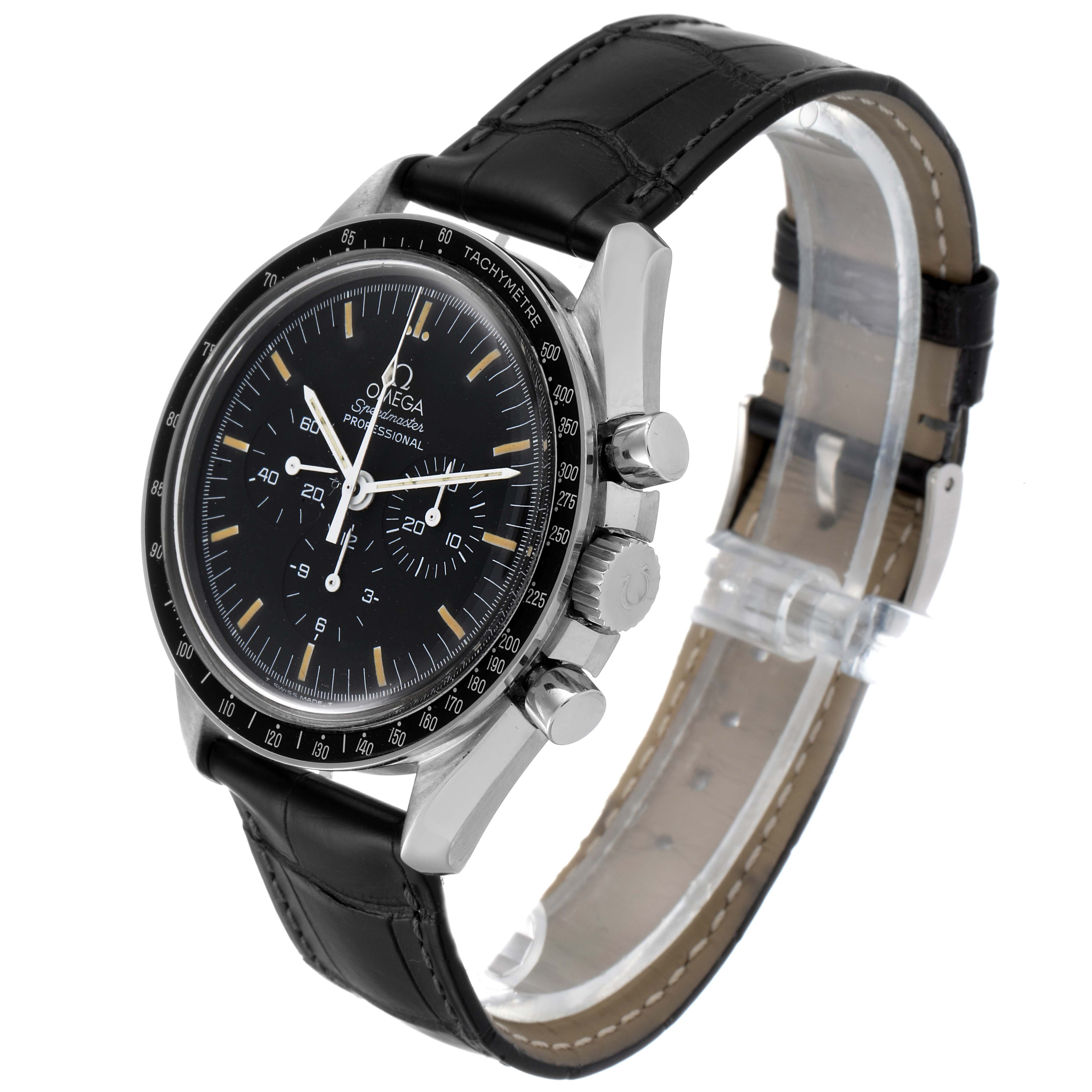 This Omega Speedmaster 3590.50.00 Men's Stainless Steel Black Dial 3590.50.00 Men's Stainless Steel Black Dial watch is shown at a slight angle displaying its face, case, and black leather strap.