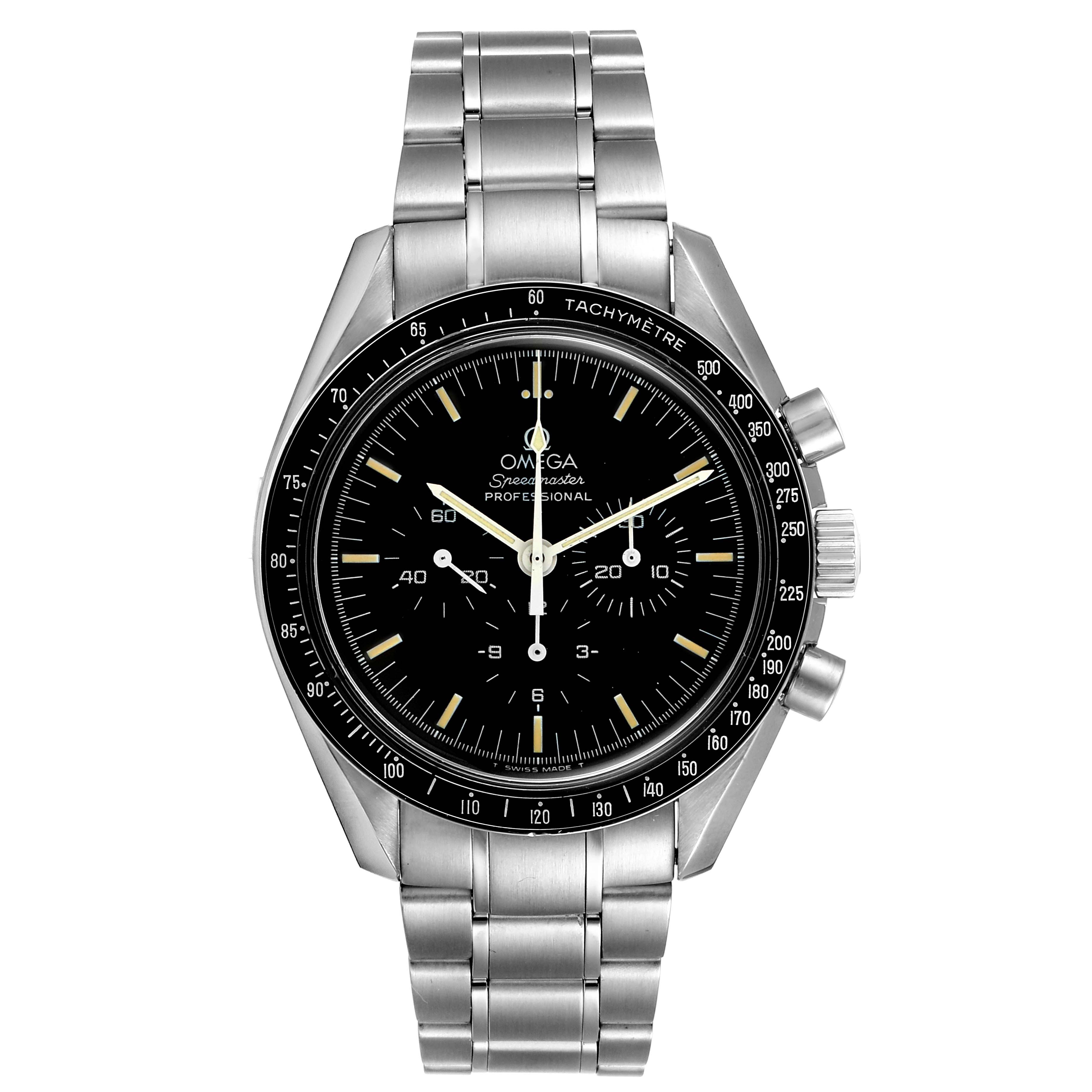 This image shows a front view of an Omega Speedmaster 3590.50.00 Men's Stainless Steel Black Dial 3590.50.00 Men's Stainless Steel Black Dial watch, displaying its dial, tachymeter bezel, and stainless steel bracelet.