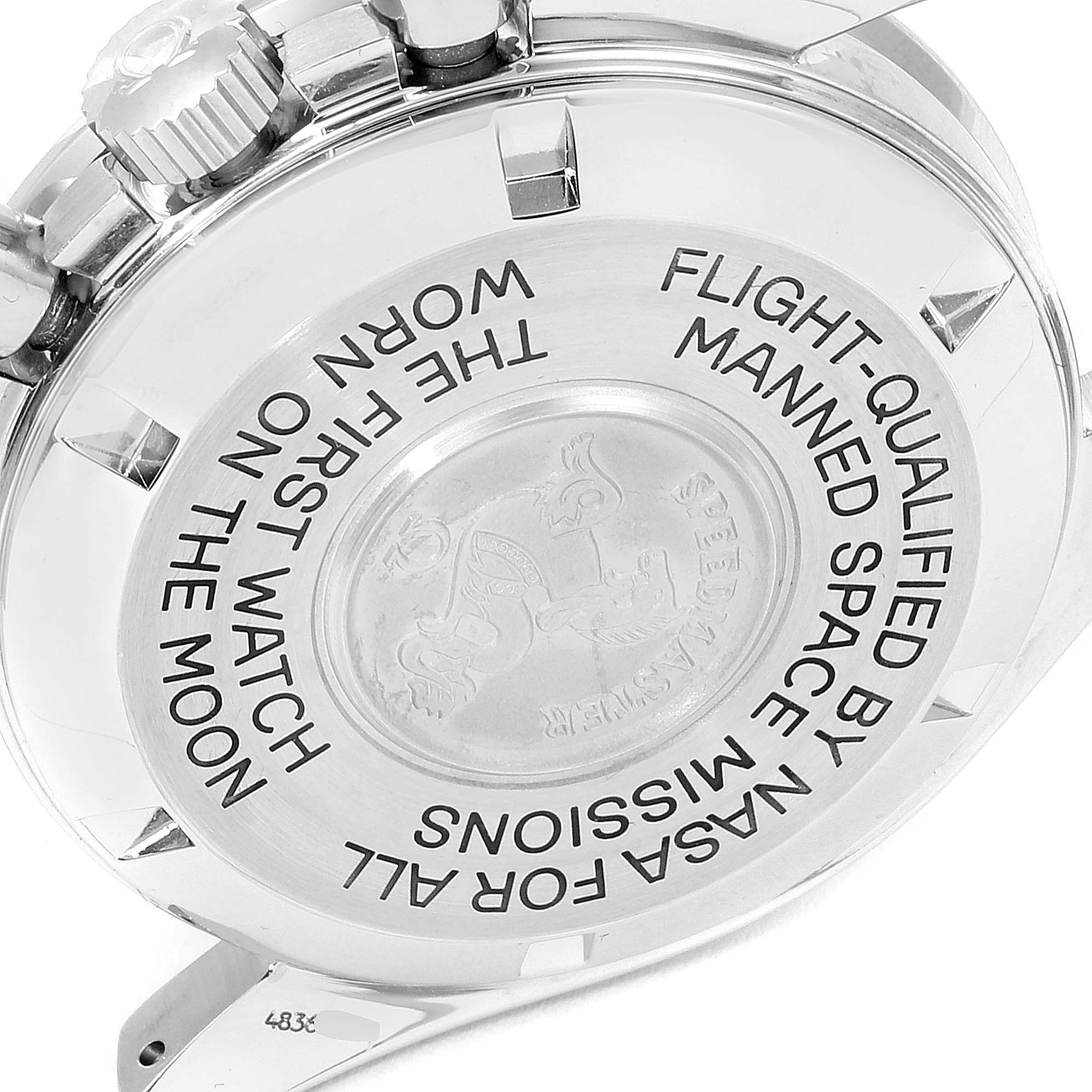 This image shows the back case of the Omega Speedmaster 3590.50.00 Men's Stainless Steel Black Dial 3590.50.00 Men's Stainless Steel Black Dial watch, highlighting its engravings and crown.