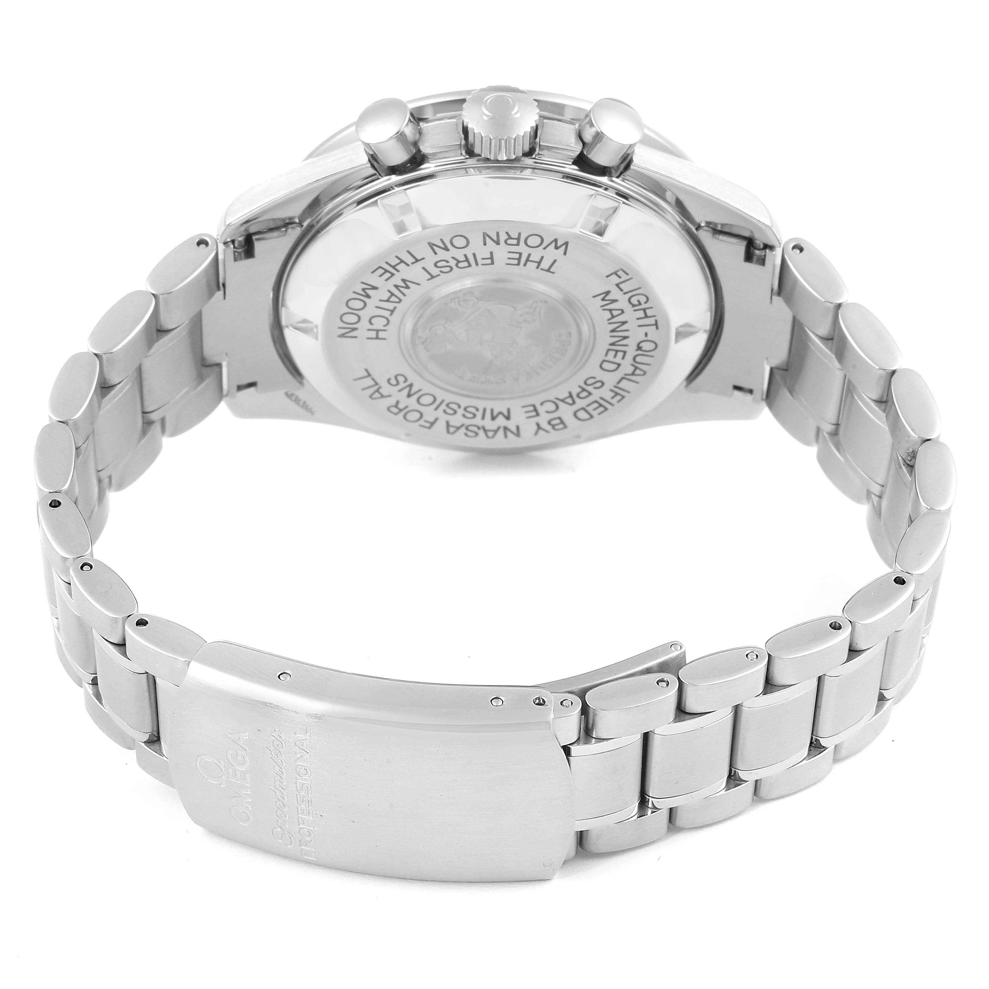 The image shows the rear view of the Omega Speedmaster 3590.50.00 Men's Stainless Steel Black Dial 3590.50.00 Men's Stainless Steel Black Dial, highlighting the case back, bracelet, and clasp.