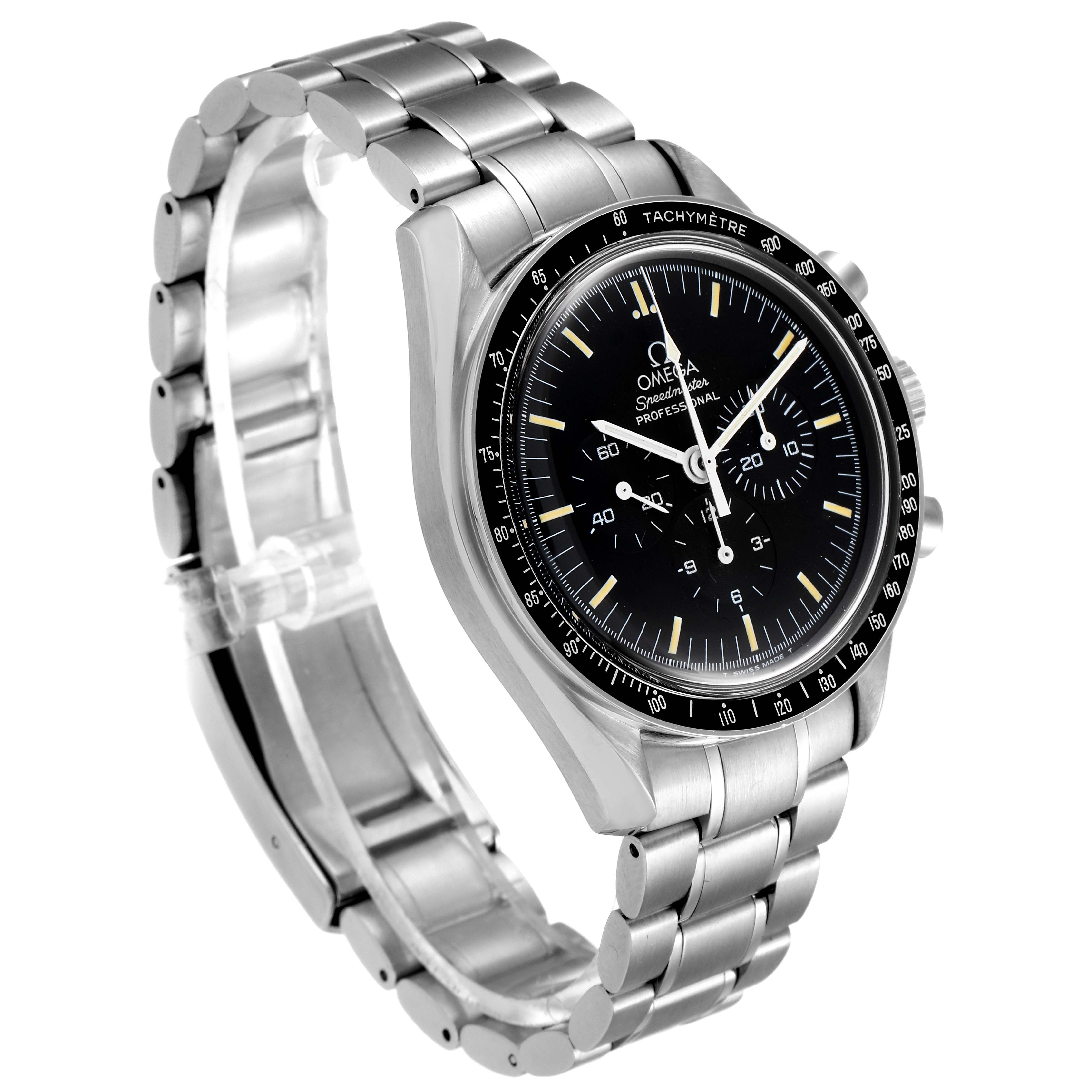 This image shows an angled view of an Omega Speedmaster 3590.50.00 Men's Stainless Steel Black Dial 3590.50.00 Men's Stainless Steel Black Dial watch displaying its stainless steel bracelet, black dial, and tachymeter bezel.