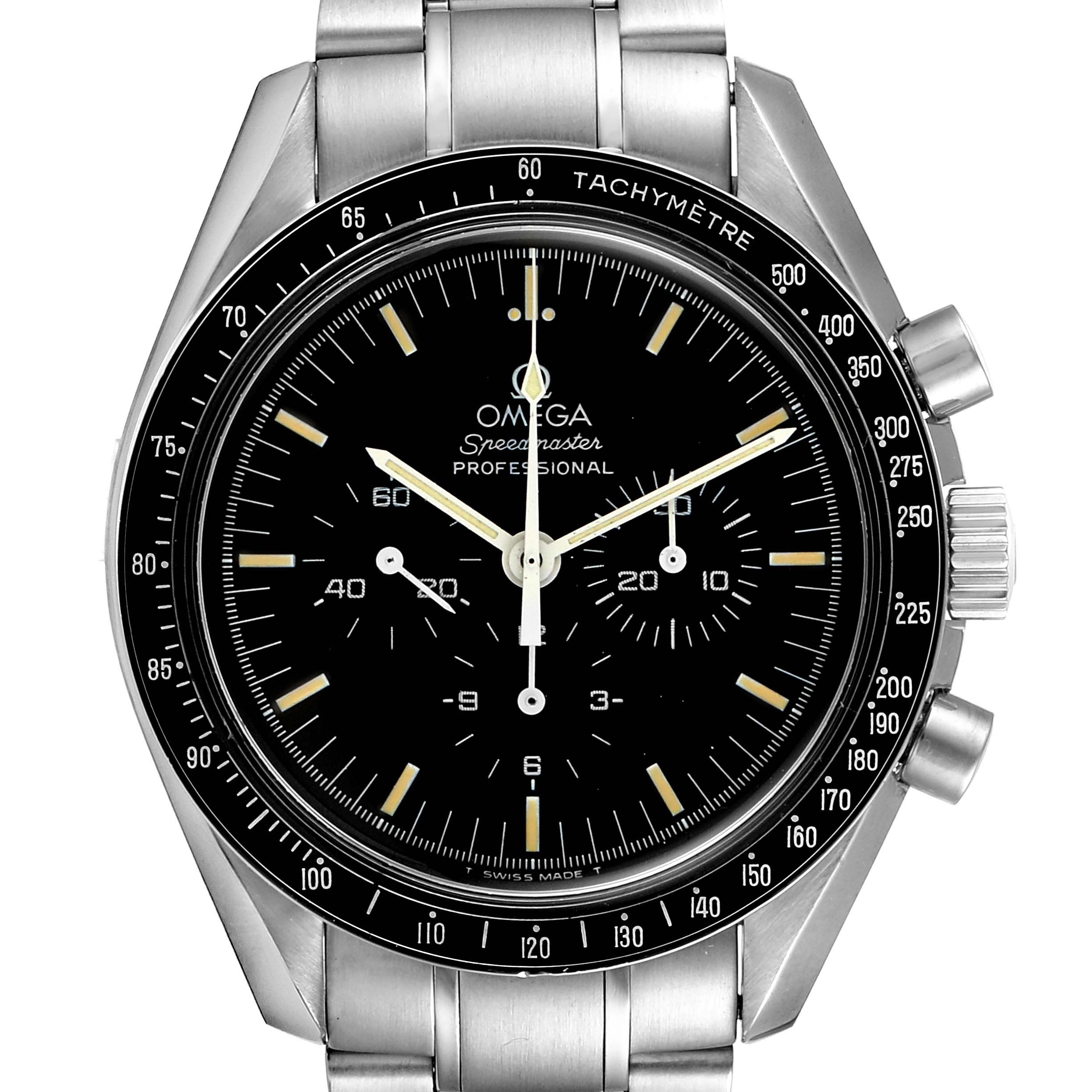 The image shows a front view of the Omega Speedmaster 3590.50.00 Men's Stainless Steel Black Dial 3590.50.00 Men's Stainless Steel Black Dial watch, highlighting the dial, bezel, and stainless steel bracelet.