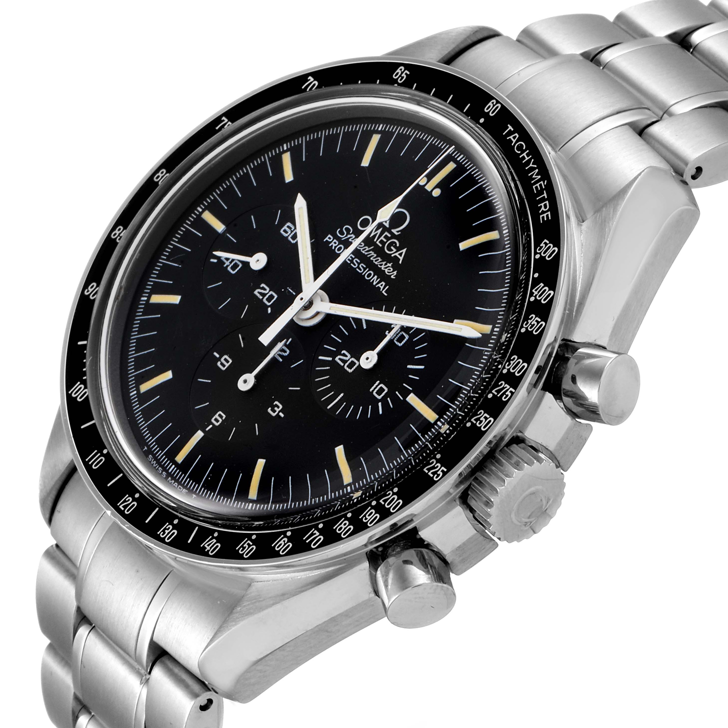 The image shows an angled front view of the Omega Speedmaster 3590.50.00 Men's Stainless Steel Black Dial 3590.50.00 Men's Stainless Steel Black Dial watch, highlighting its black dial, tachymeter bezel, and stainless steel bracelet.