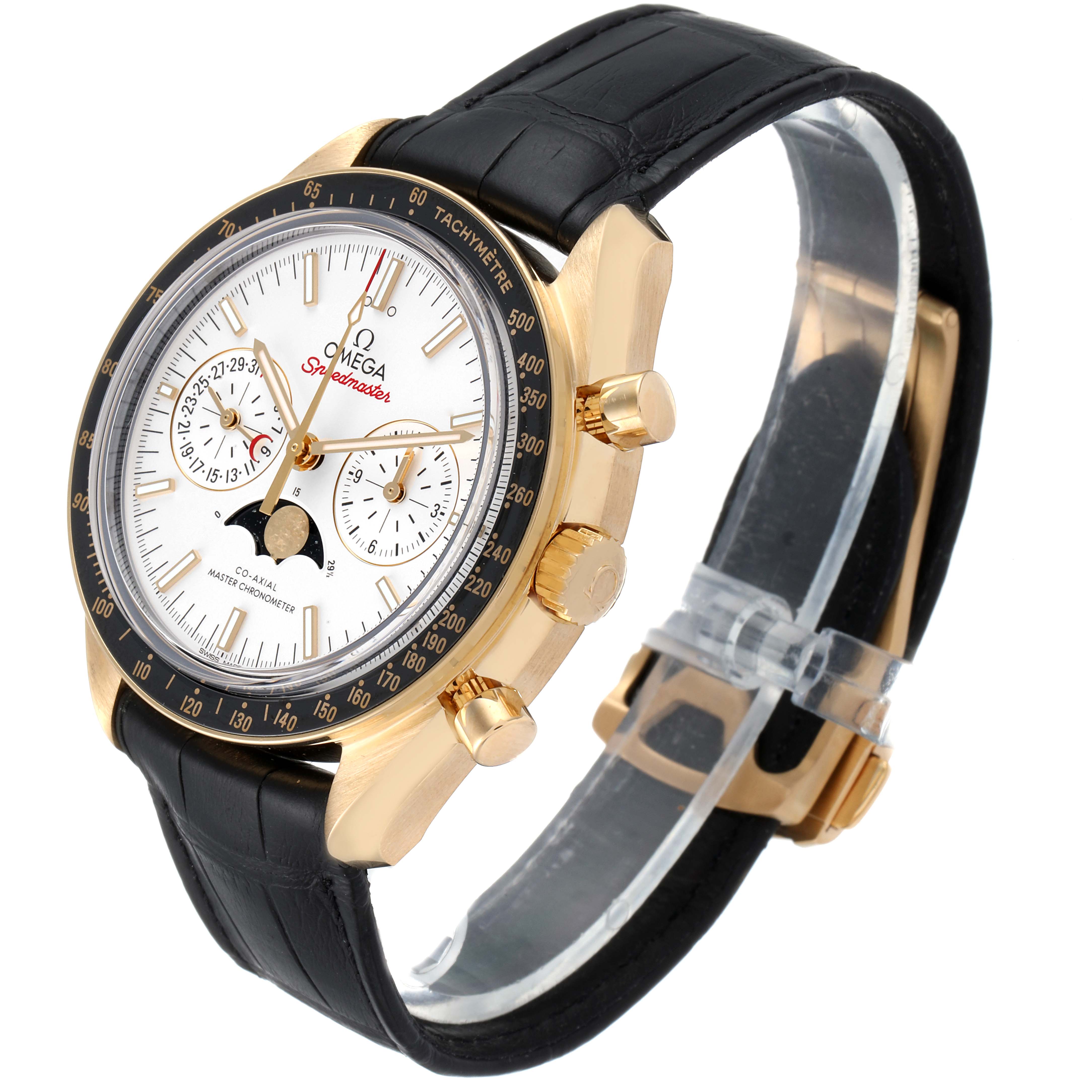 The Omega Speedmaster 304.63.44.52.02.001  Men's Yellow Gold Silver Dial 304.63.44.52.02.001  Men's Yellow Gold Silver Dial watch is shown at a three-quarter angle, displaying the face, bezel, crown, and strap.