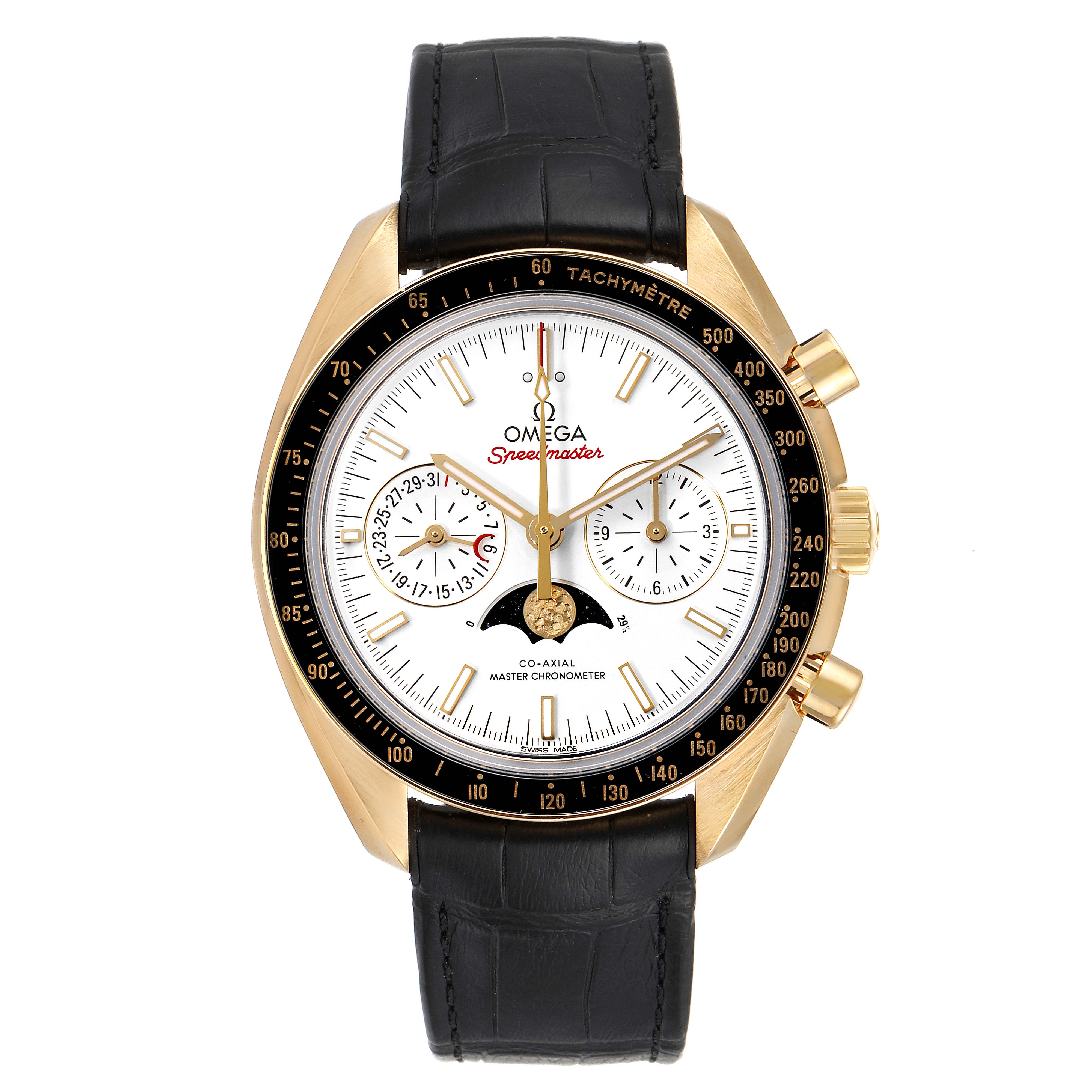 Front view of an Omega Speedmaster 304.63.44.52.02.001  Men's Yellow Gold Silver Dial 304.63.44.52.02.001  Men's Yellow Gold Silver Dial watch showing the dial, tachymeter bezel, and black leather strap.