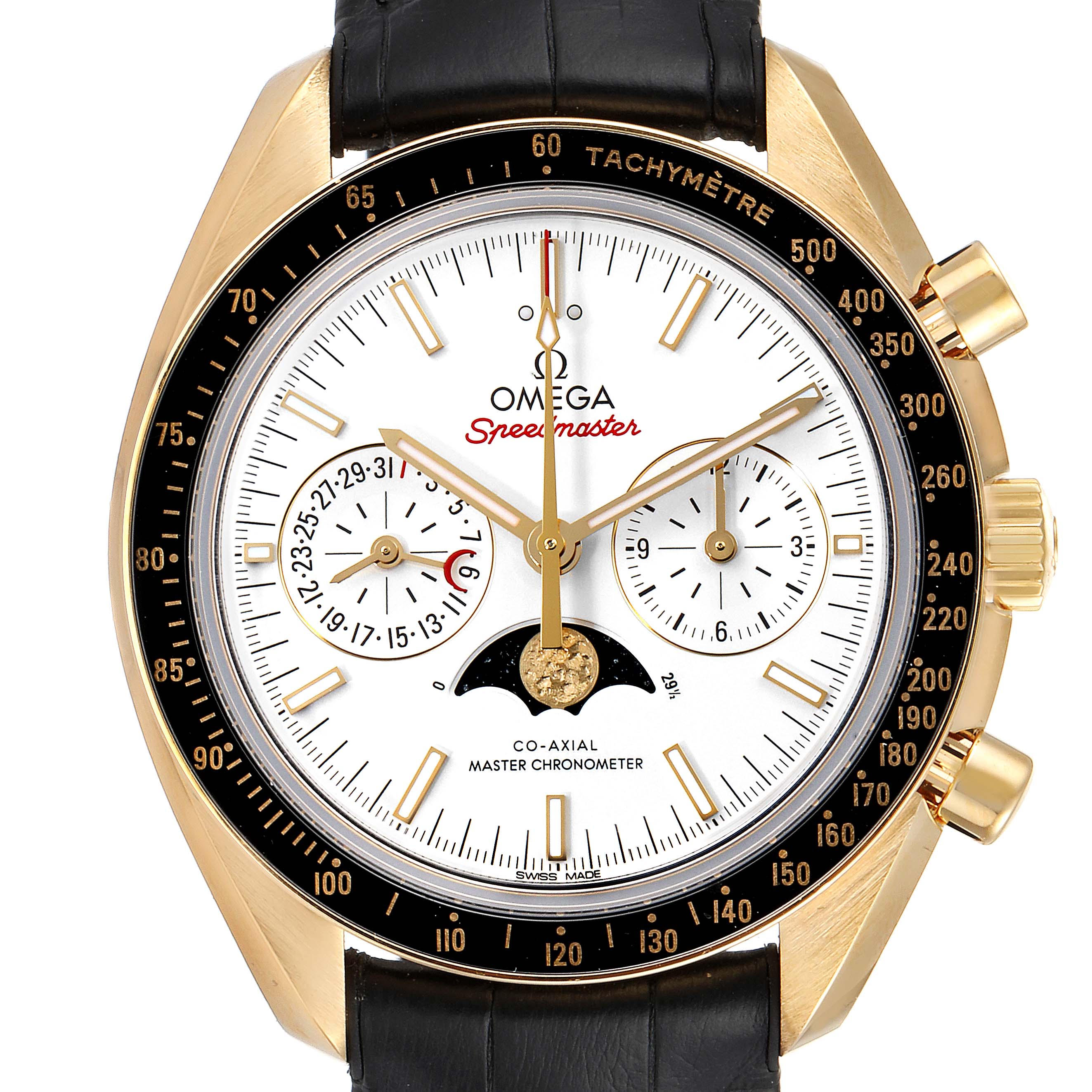 This Omega Speedmaster 304.63.44.52.02.001  Men's Yellow Gold Silver Dial 304.63.44.52.02.001  Men's Yellow Gold Silver Dial watch is shown from the front, highlighting its dial, hands, subdials, bezel, and strap.